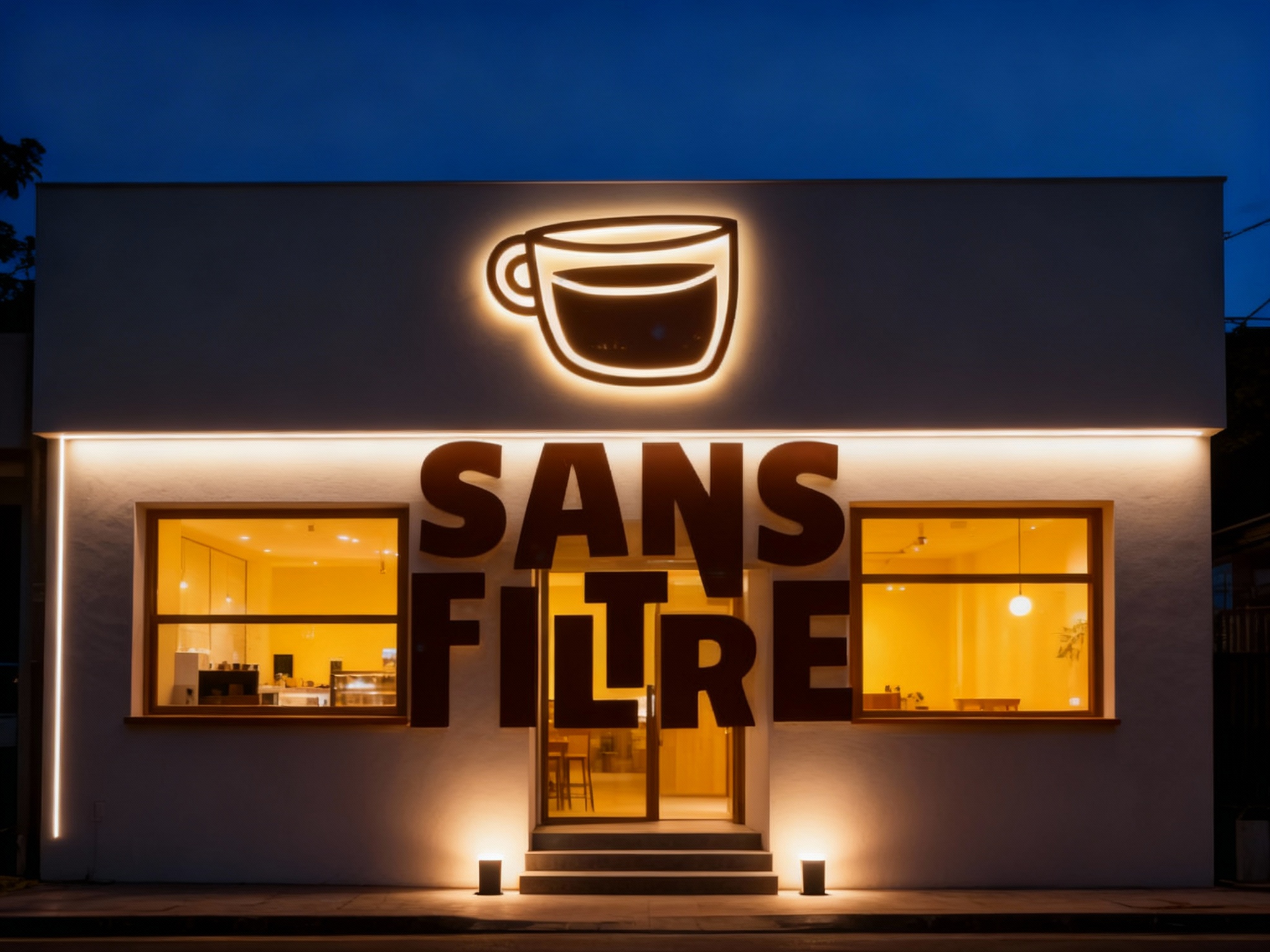 生成高级INS风格咖啡店夜景效果图。店面招牌采用LED背光设计，图1的LOGO元素采用亚克力材质激光切割，内置LED灯源，在灯光下清晰可见，边缘有柔和的光晕效果。墙面使用暖白色灯光勾勒轮廓，橱窗内透出温暖的黄色灯光。门口设置两个简约的地灯，照亮台阶。背景是深蓝色的夜空，与温暖的灯光形成鲜明对比。 光感真实自然，营造出温馨而富有吸引力的夜间氛围。