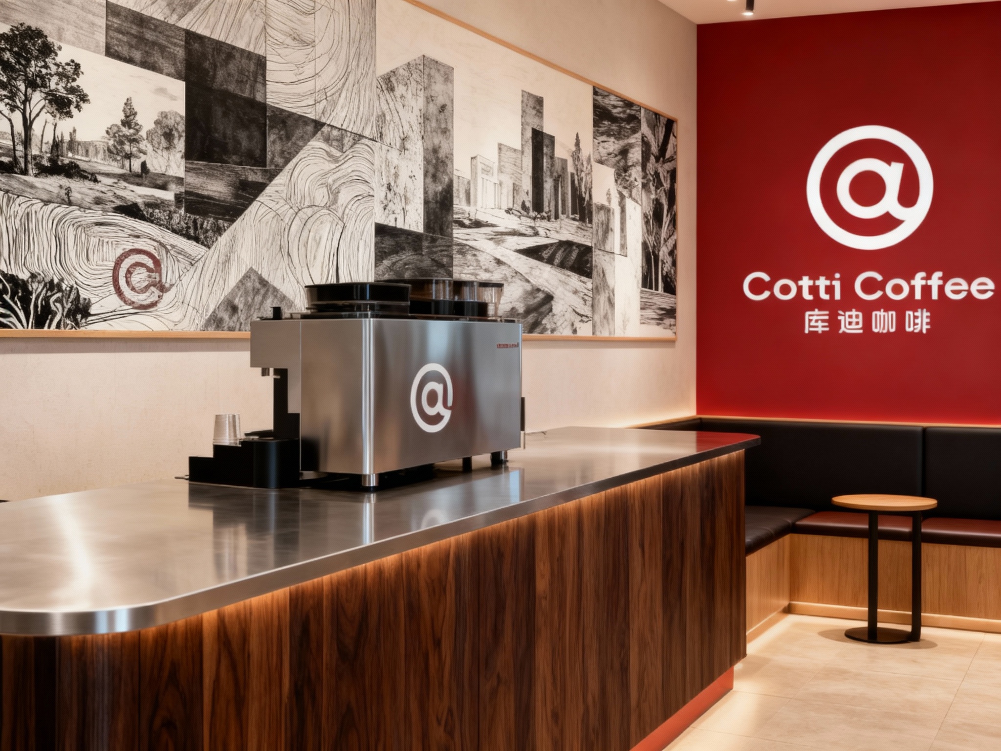 设计店内空间效果图，展示吧台、座位区、墙面装饰高级抽象插画或黑白摄影，运用黑胡桃木搭配银色不锈钢材质（将参考图中的LOGO）融入场景装修或物件中，光线温暖自然，突出空间舒适感与现代质感，背景墙采用库迪红作为点缀色，营造温馨氛围。