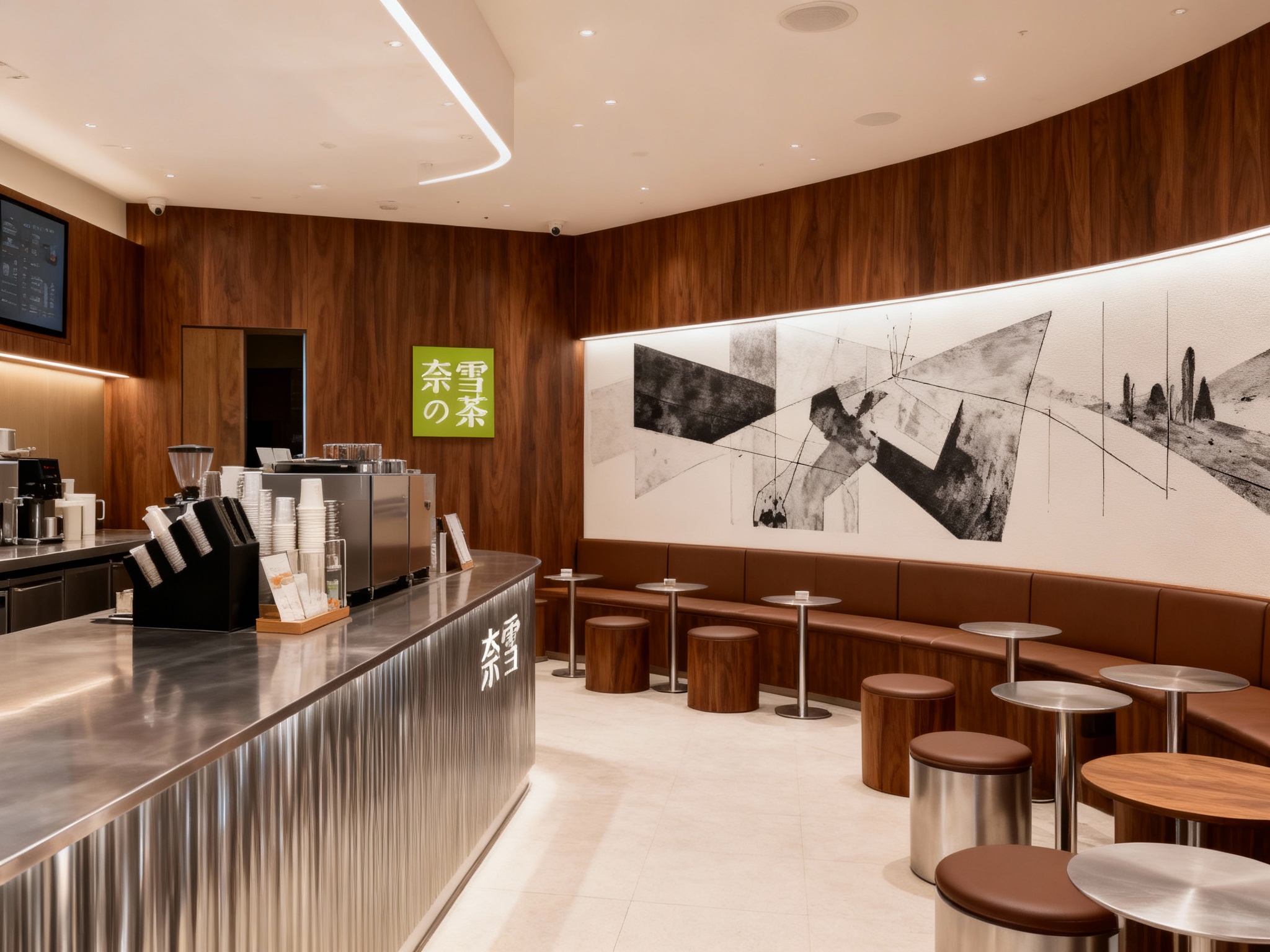 设计店内空间效果图，展示吧台、座位区、墙面装饰高级抽象插画或黑白摄影，运用黑胡桃木搭配银色不锈钢材质（将参考图中的LOGO）融入场景装修或物件中，光线温暖自然，突出空间舒适感与现代质感。