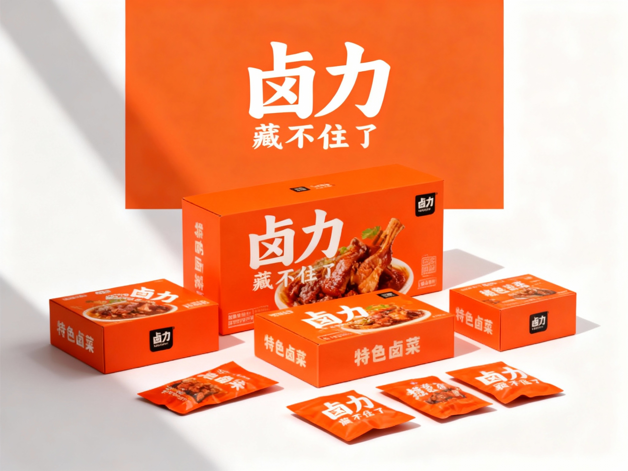 传统与现代融合风格卤菜产品包装展示，（将参考图中的LOGO保持一致不要出现变形）白色背景搭配提供的品牌色（保持提示词的主色）几何色块。画面主体为多个品牌色包装盒，包括大盒（印有白色品牌名称和卤菜图案）、小盒，均印有 “特色卤菜” 字样和黑色品牌标识。包装盒下方散落着同色系的小包装袋。整体构图采用高低错落的排列方式，光线从左上角斜射，形成清晰的阴影，突出包装盒的立体感和色彩对比，展现产品系列的多样性与品牌视觉统一性。