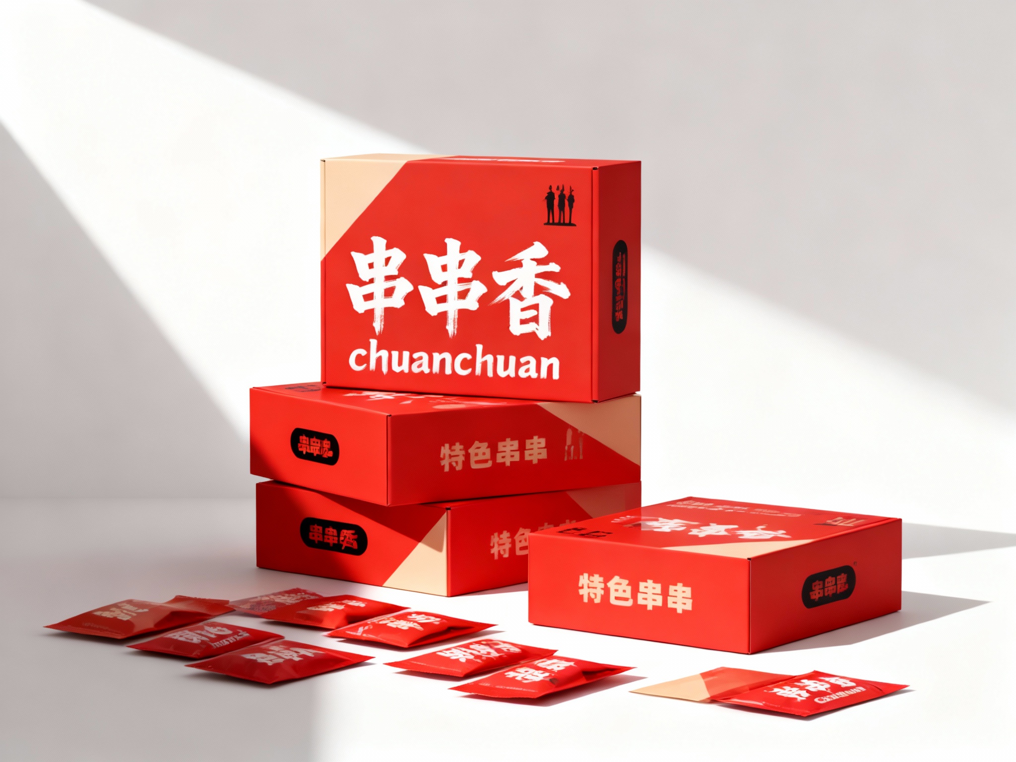 现代简约风格串串产品包装展示，（将参考图中的LOGO保持一致不要出现变形）白色背景搭配提供的品牌色（保持提示词的主色）几何色块。画面主体为多个品牌色包装盒，包括大盒（印有白色品牌名称和串串剪影）、小盒，均印有 “特色串串” 字样和黑色品牌标识。包装盒下方散落着同色系的小包装袋。整体构图采用高低错落的排列方式，光线从左上角斜射，形成清晰的阴影，突出包装盒的立体感和色彩对比，展现产品系列的多样性与品牌视觉统一性，红色背景与白色文字形成强烈对比。
