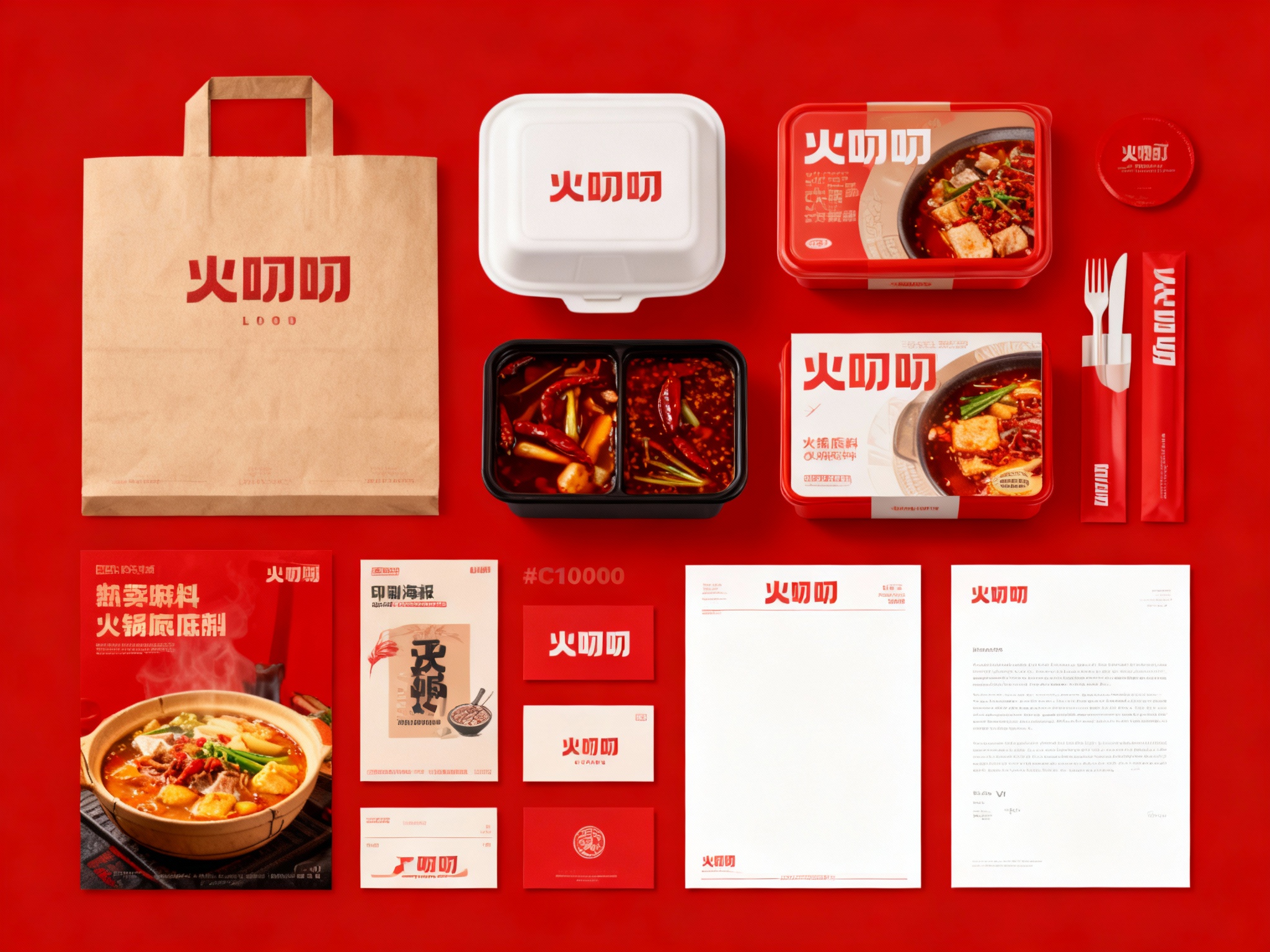 生成火锅食材及用品展示图，品牌VI展示，（将参考图中的LOGO保持一致）它包括纸质包装、外卖盒、火锅底料盒、餐具包装盒、印刷海报、产品卡片、小册子、信纸设计、纯色、简单的背景、平面布局和精致美学、高分辨率摄影、高质量细节、顶级商业表现形式延续#C10000，（将参考图中的LOGO保持一致不要出现变形）在相应载体上合理呈现，突出火锅食材及用品质感与品牌形象。