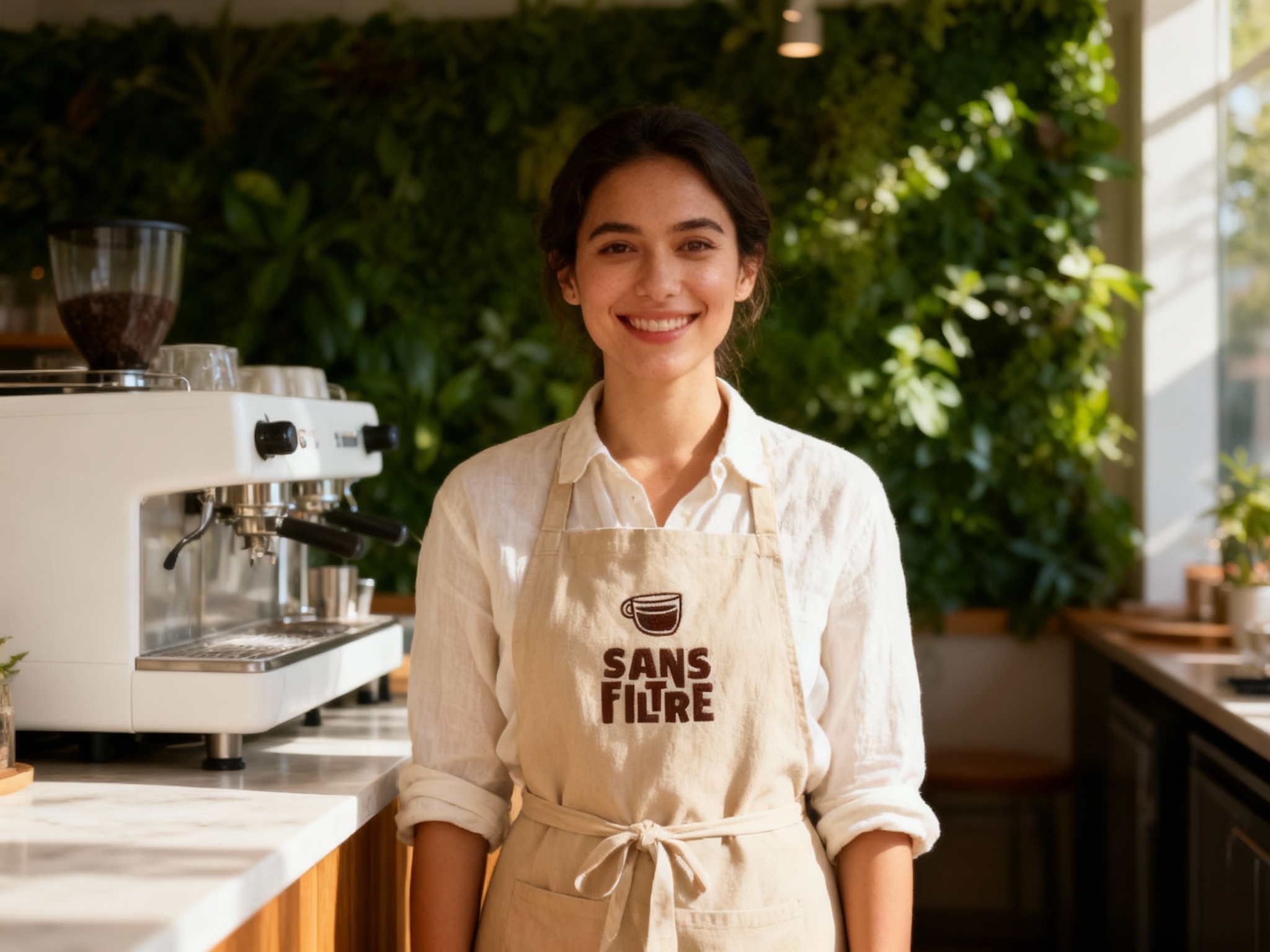 生成员工形象展示图。员工身穿米白色棉麻质地衬衫，系着浅卡其色围裙，围裙胸口处（智能提取参考图中的LOGO主体并去除原背景）呈现为精致的刺绣工艺，质感真实。员工站在洒满阳光的吧台内，背景是白色的咖啡机和翠绿的植物墙，面带微笑，光线柔和自然，展现专业且亲切的服务形象。