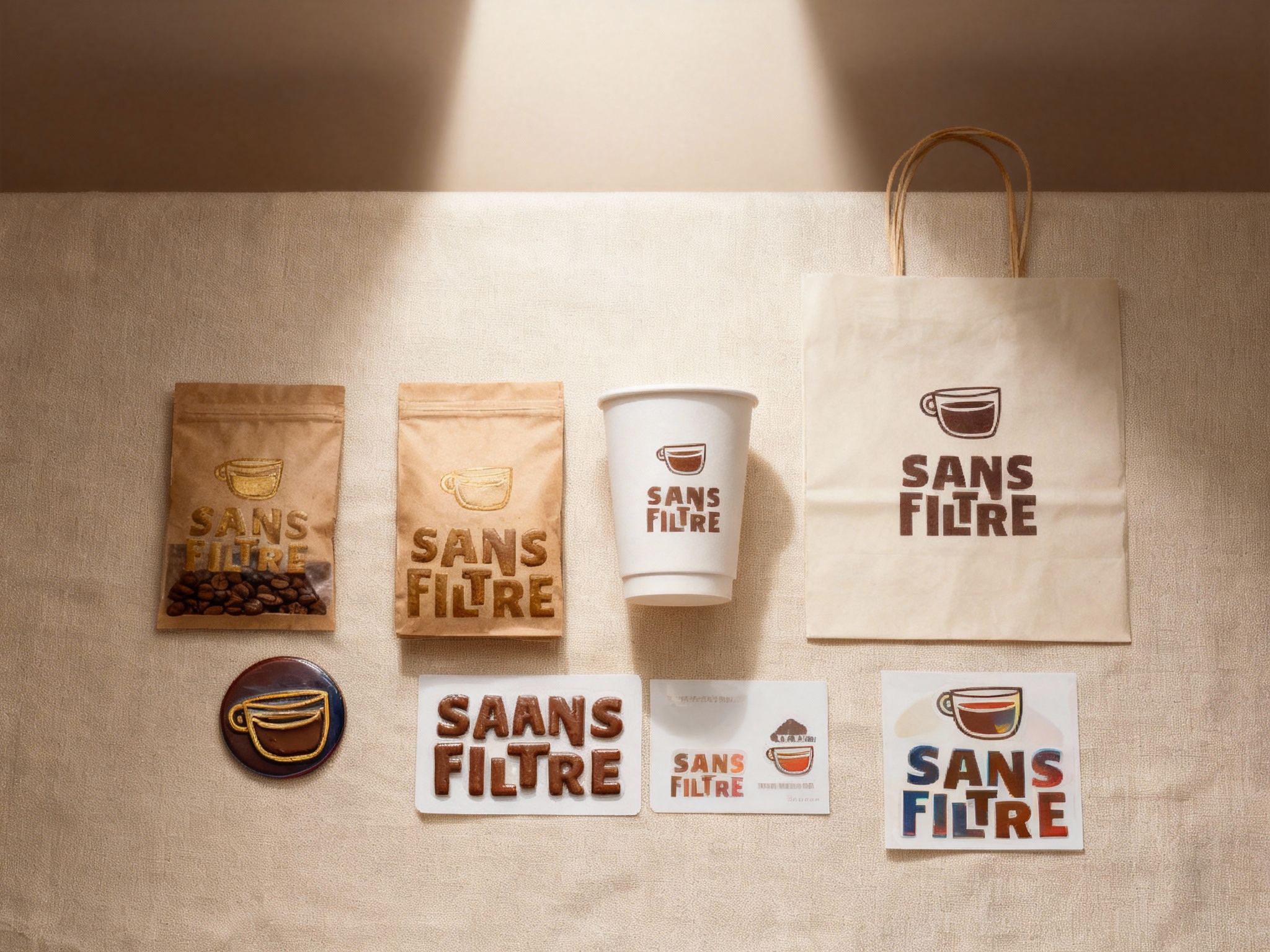 生成精致INS风格咖啡周边产品平铺图。包含：咖啡豆包装（牛皮纸材质，采用烫金工艺将图1的LOGO元素融入包装设计）、白色纸杯（杯身采用柔印工艺印有LOGO，色彩柔和自然）、纸质手提袋（米色，LOGO居中，采用局部UV工艺提升质感）、马口铁徽章（采用浮雕工艺呈现LOGO图案，触感立体）、贴纸套装（多种尺寸，LOGO元素采用防水材质，色彩鲜艳持久）。背景采用浅米色亚麻材质，光线从顶部垂直照射，使用柔光板柔化。画面比例4:5，高清8K渲染，俯拍视角，产品摆放错落有致，形成视觉层次感。