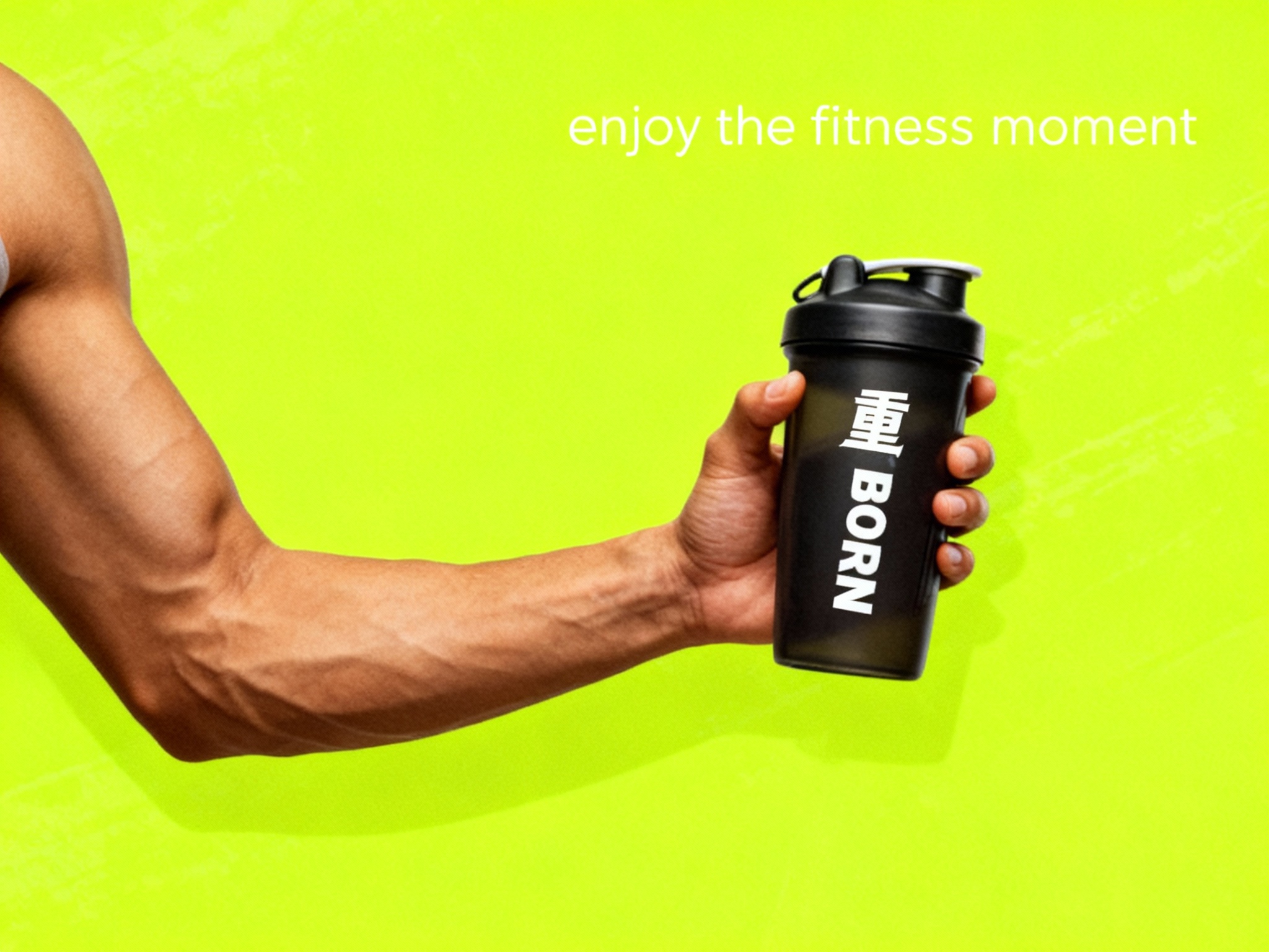 健身门店促销海报，以提供的主色调为背景底色，奠定活力且具质感的视觉基调。画面核心视觉为一只肌肉线条自然的手，握着一个印有（将参考图中的LOGO保持一致）的运动水壶上清晰可见，手和运动水壶比例协调，水壶简约无过多装饰，与背景形成鲜明色彩呼应，成为视觉焦点。海报上方，右侧用轻盈的英文书写 “enjoy the fitness moment” ，营造轻松邀请氛围 。文字排版规整，信息清晰易读，整体风格简约直接，精准传递健身门店活力、专业且注重品质的品牌形象 。