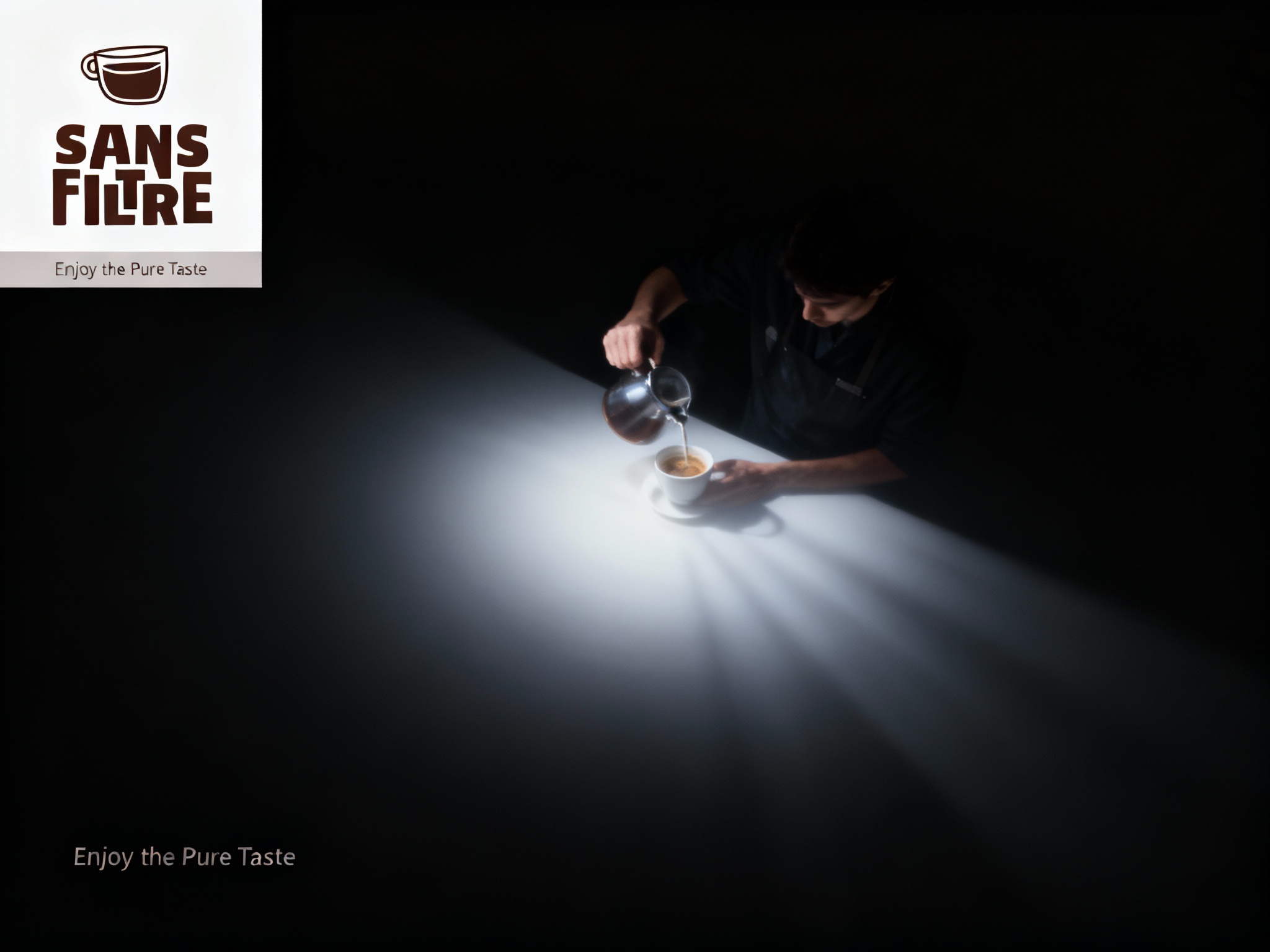 设计品牌宣传海报，画面干净，（将参考图中的LOGO ）位于左上角或右上角（根据实际情况设置），大师作品，电影海报，超高质量，超精细，高级英文排版，摄影，丁达尔光效，朦胧，俯视，远景，极简，简单，极简风格，大面积留白，James Turrell，背景是咖啡师冲泡咖啡的景象，压迫感，超现实主义+极简主义 + 简单色块+ 马卡龙配色+ 摄影艺术 + 细节丰富+ 封面美学 +黑色背景+电影级照明，4k高清，排版简洁有视觉冲击力，符合社交平台分享特性，海报背景可选用米白色，LOGO置于左上角，下方配以简洁的英文标语“Enjoy the Pure Taste”。