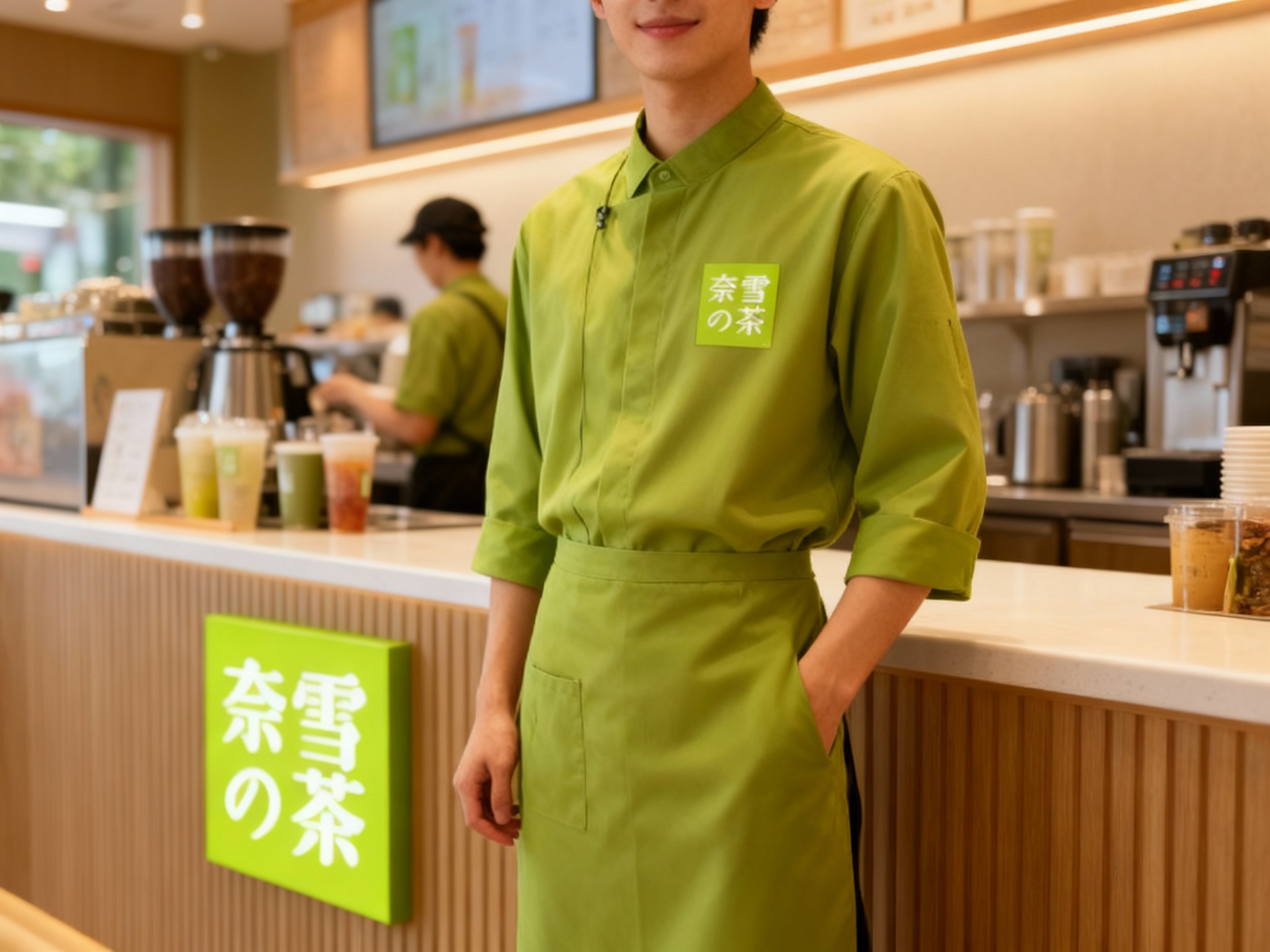 生成员工形象展示图，员工穿着纯色工作服，（将参考图中的LOGO）在工作服上清晰可见，员工站在吧台或店内（空间保持品牌一致性），姿态自然，光线柔和。