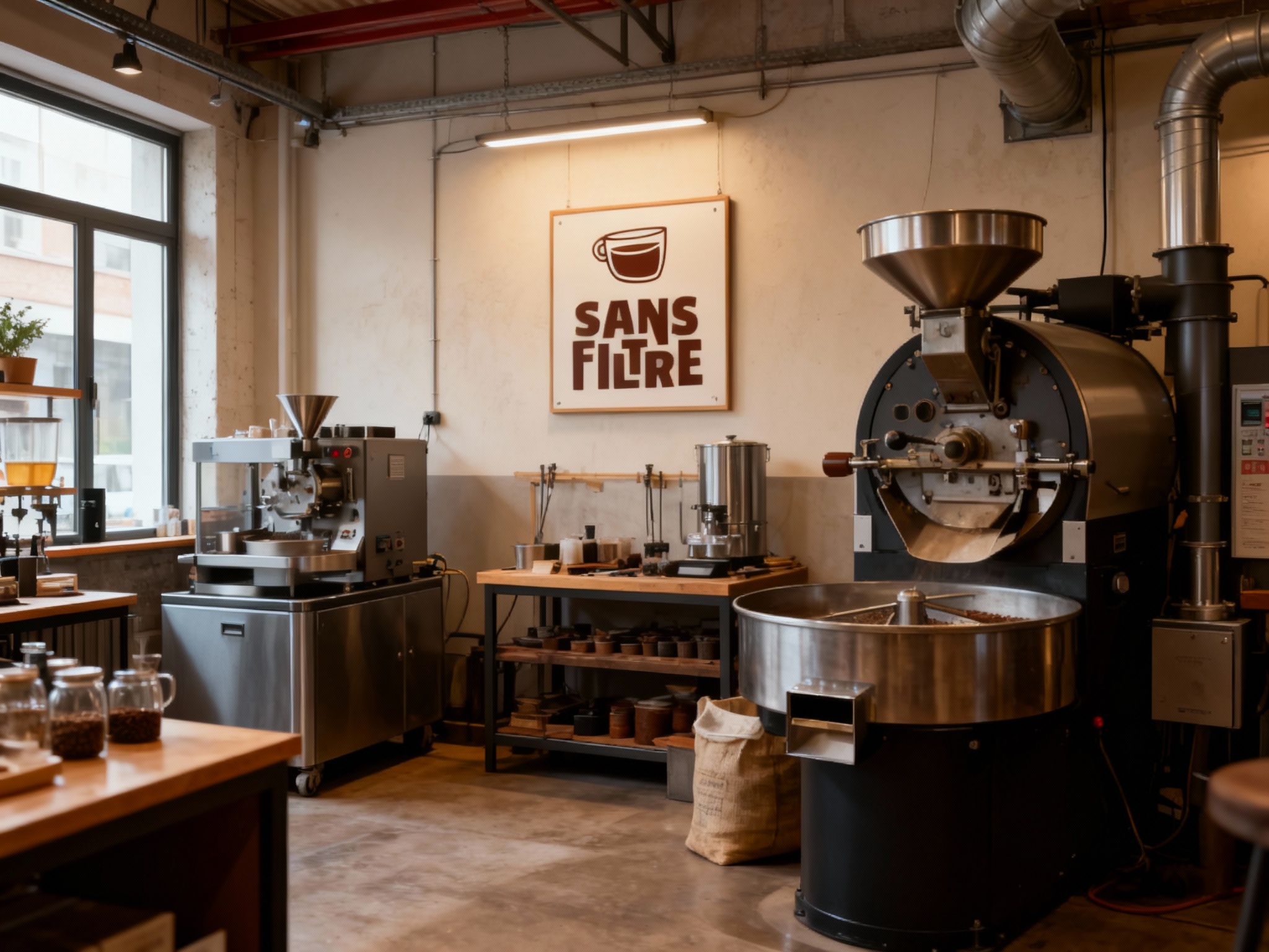 创建咖啡烘焙间内部视图。展现现代化设备与手工工艺结合的工作空间，墙上挂有一块小型标志牌，上面是参考图中的SANS FILTRE，确保它自然融合于工业风与温馨相结合的环境中。