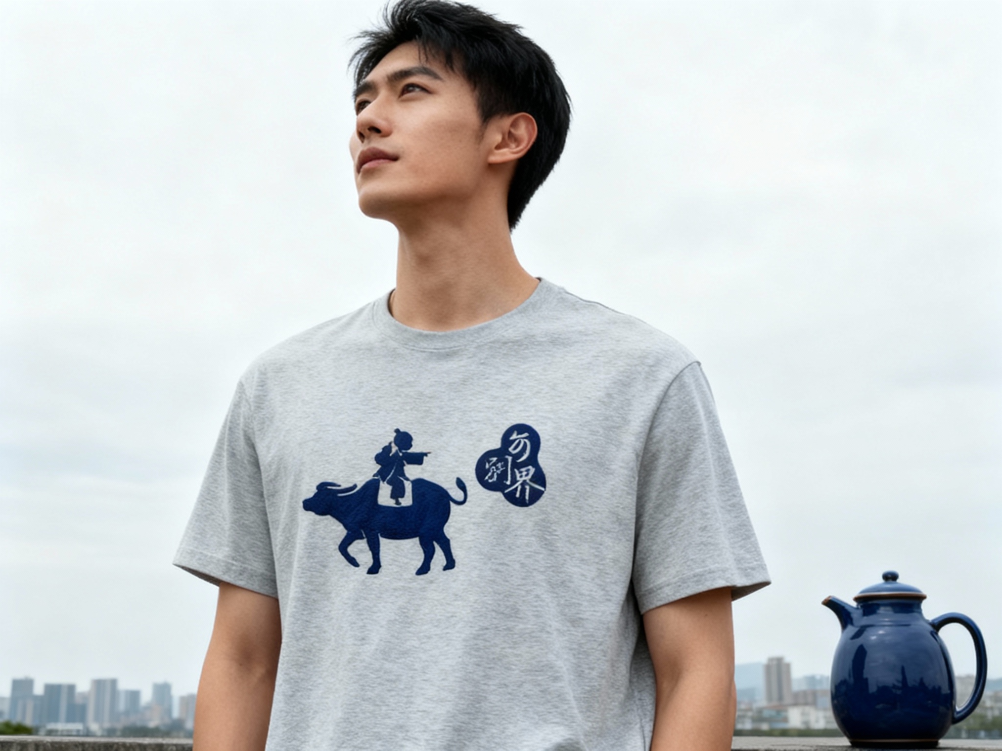提取参考图的LOGO单独呈现，改为藏蓝色，25岁亚洲男性模特，穿浅灰纯色T恤，藏蓝色LOGO采用撞色胶浆印花，主色与T恤形成和谐对比，户外阴天拍摄，自然漫射光均匀覆盖，T恤面料纹理清晰可见，LOGO色彩饱满不褪色，模特站立远眺，背景为简洁城市天际线，画面右侧放置一个藏蓝色陶瓷水壶，与LOGO颜色统一，大气开阔