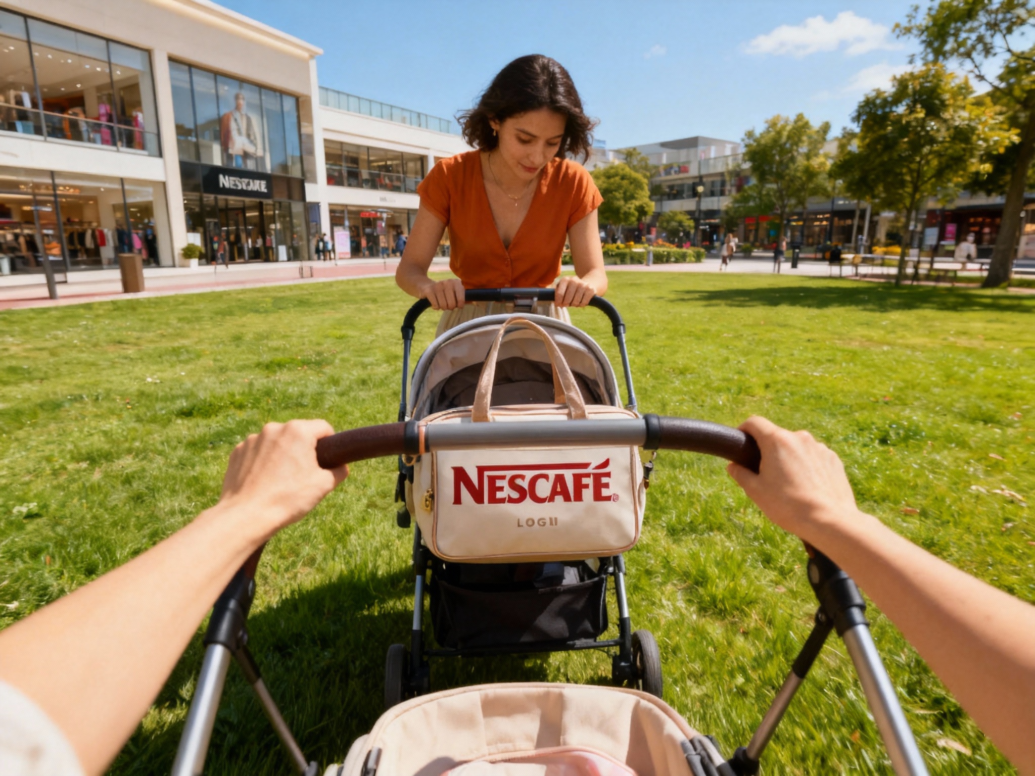 设计社交分享场景图（POV视角）。第一人称视角低头看，推着一辆设计时尚的婴儿车，把手上挂着印有（智能提取参考图中的LOGO主体并去除原背景）的妈咪包。背景是高端购物中心或阳光明媚的公园草坪。画面色彩明快，充满时尚辣妈的生活气息。