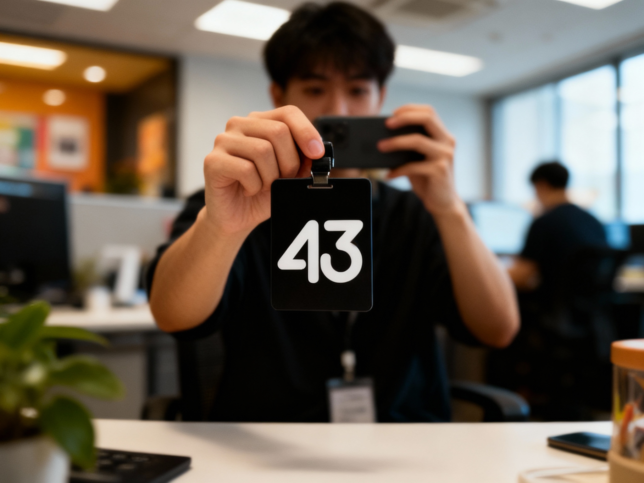 设计社交分享场景图，员工手持带有（将参考图中的LOGO）的工作牌拍照，办公场景中（将参考图中的LOGO）融入装修或物件，场景抓拍，独特的拍摄角度，非对称构图，动态模糊效果，低光环境，意境深远，自然色彩，丰富层次感，细腻画质，真实光影变幻，虚化柔和过渡，胶片质感，电影质感，大师作品，突出品牌时尚感和年轻气质。