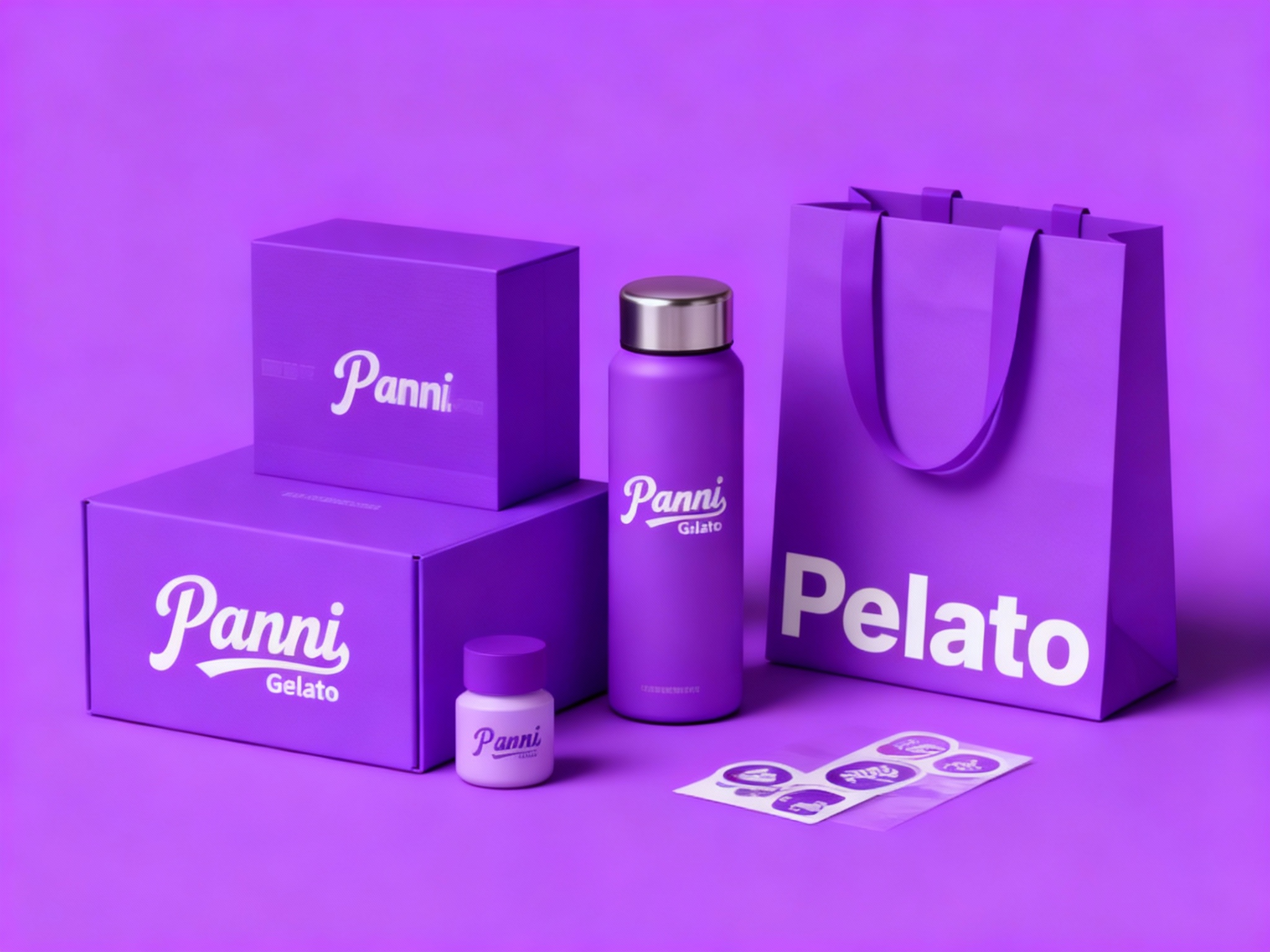 生成品牌周边展示图，如礼盒、保温杯、手提袋、贴纸等，（将参考图中的LOGO）在各周边产品上合理呈现，延续品牌配色，造型简约高级，适合礼赠与品牌延展，LOGO位于产品正面或侧面，背景为纯紫色，产品排列整齐。