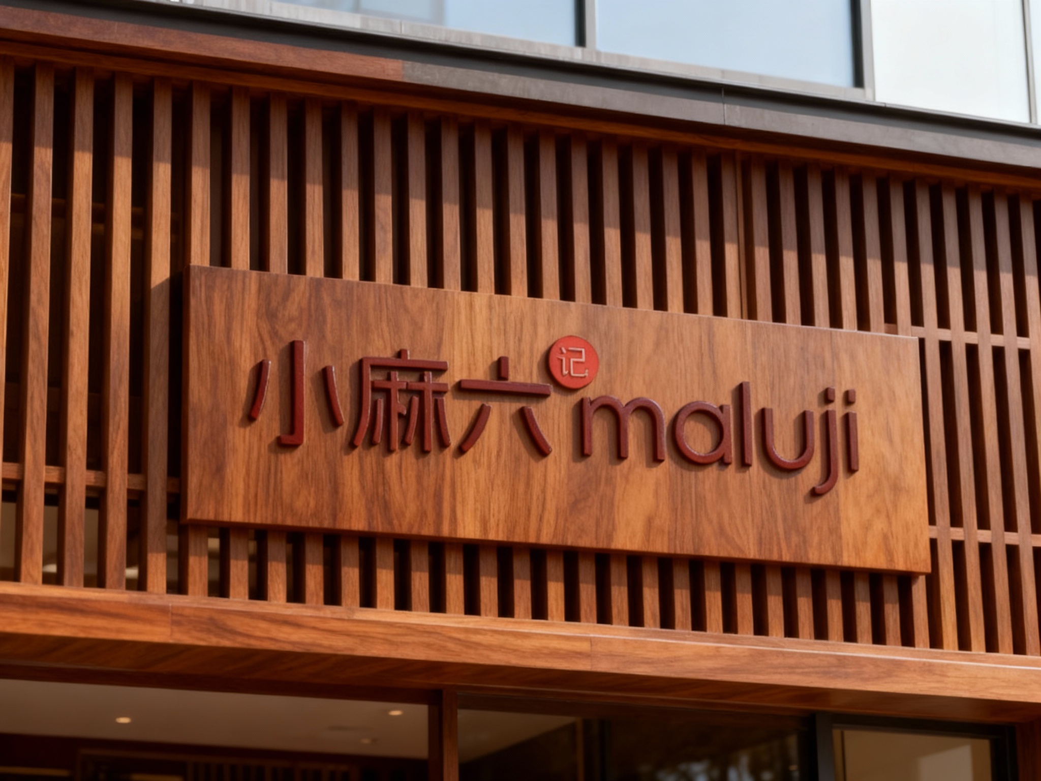 新中式木质格栅门头特写，采用进口胡桃木格栅经哑光清漆处理，无缝拼接成型，底板无毛刺或钉痕，LOGO以激光雕刻+填色工艺呈现，表面光滑无凸起，白天自然光照射，木纹肌理清晰，适配高端餐饮门店