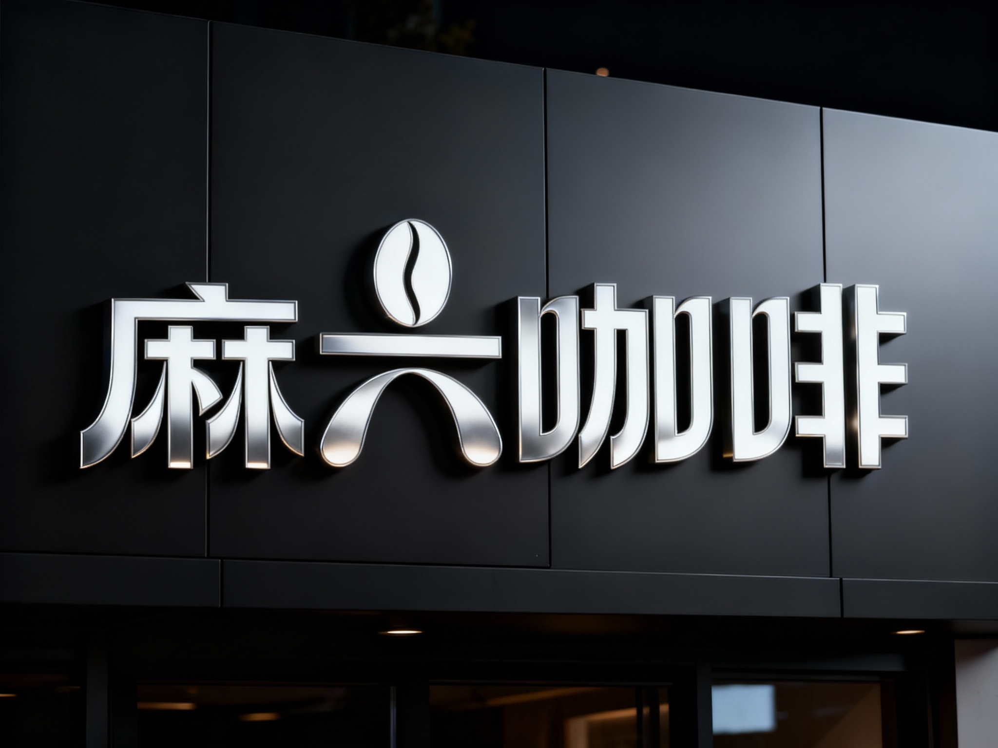 金属发光字门头特写，LOGO采用全金属包边LED发光字，安装于哑光黑铝扣板无缝拼接门头上，底板平整无拼接缝隙，黑夜场景，LED灯光柔和均匀，LOGO发光清晰不刺眼，门头整体简洁大气，辨识度高