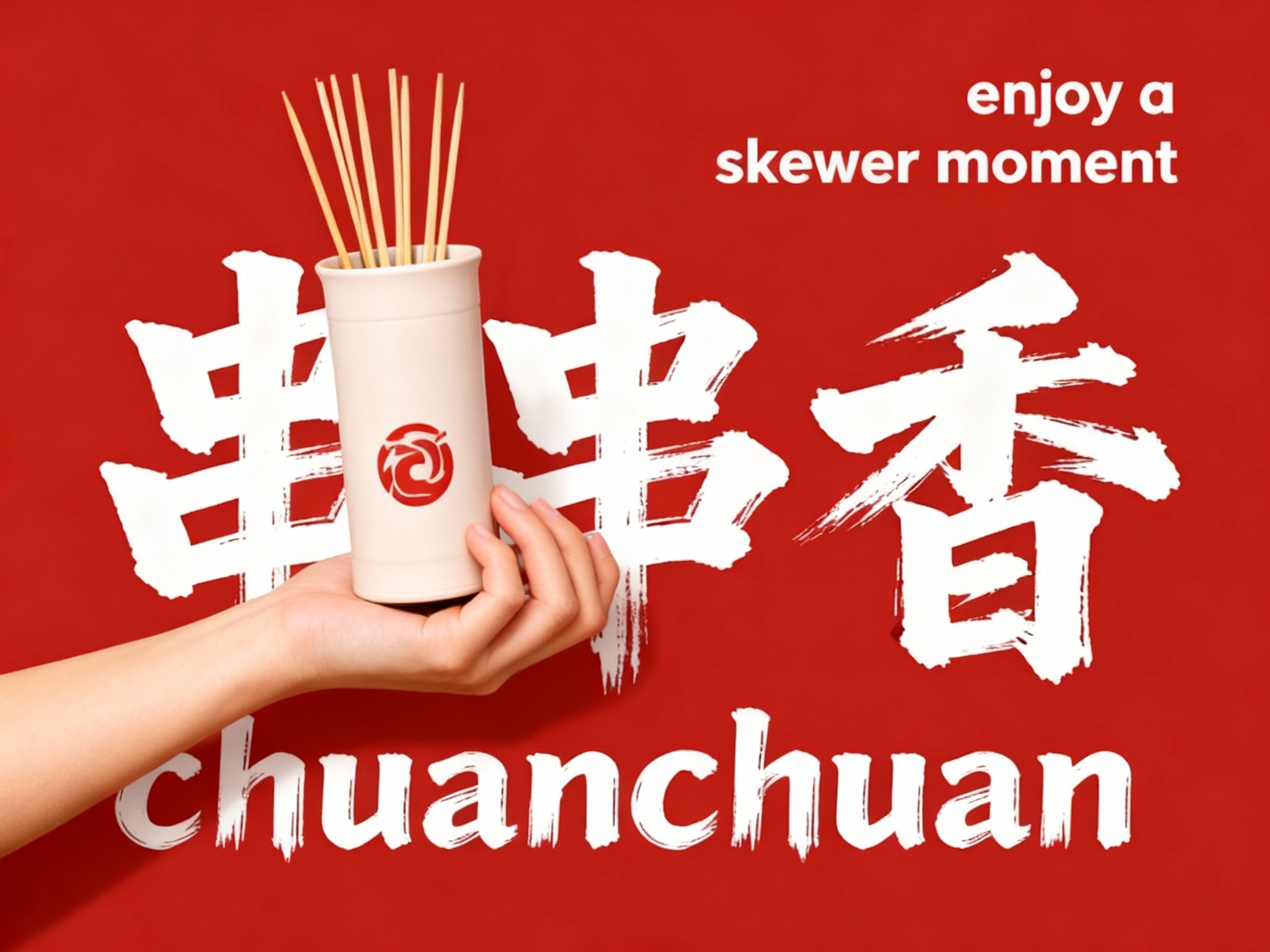 串串店门店促销海报，以提供的主色调为背景底色，奠定温暖且具质感的视觉基调。画面核心视觉为一只肤色自然的手，端着一只哑光质感的品牌色（将参考图中的LOGO）在签筒上清晰可见，手和签筒比例协调，签筒简约无装饰，与背景形成鲜明色彩呼应，成为视觉焦点。海报上方，右侧用轻盈的英文书写 “enjoy a skewer moment” ，营造轻松邀请氛围 。文字排版规整，信息清晰易读，整体风格简约直接，精准传递串串店温馨、美味且注重品质的品牌形象，红色背景与白色文字形成强烈对比。