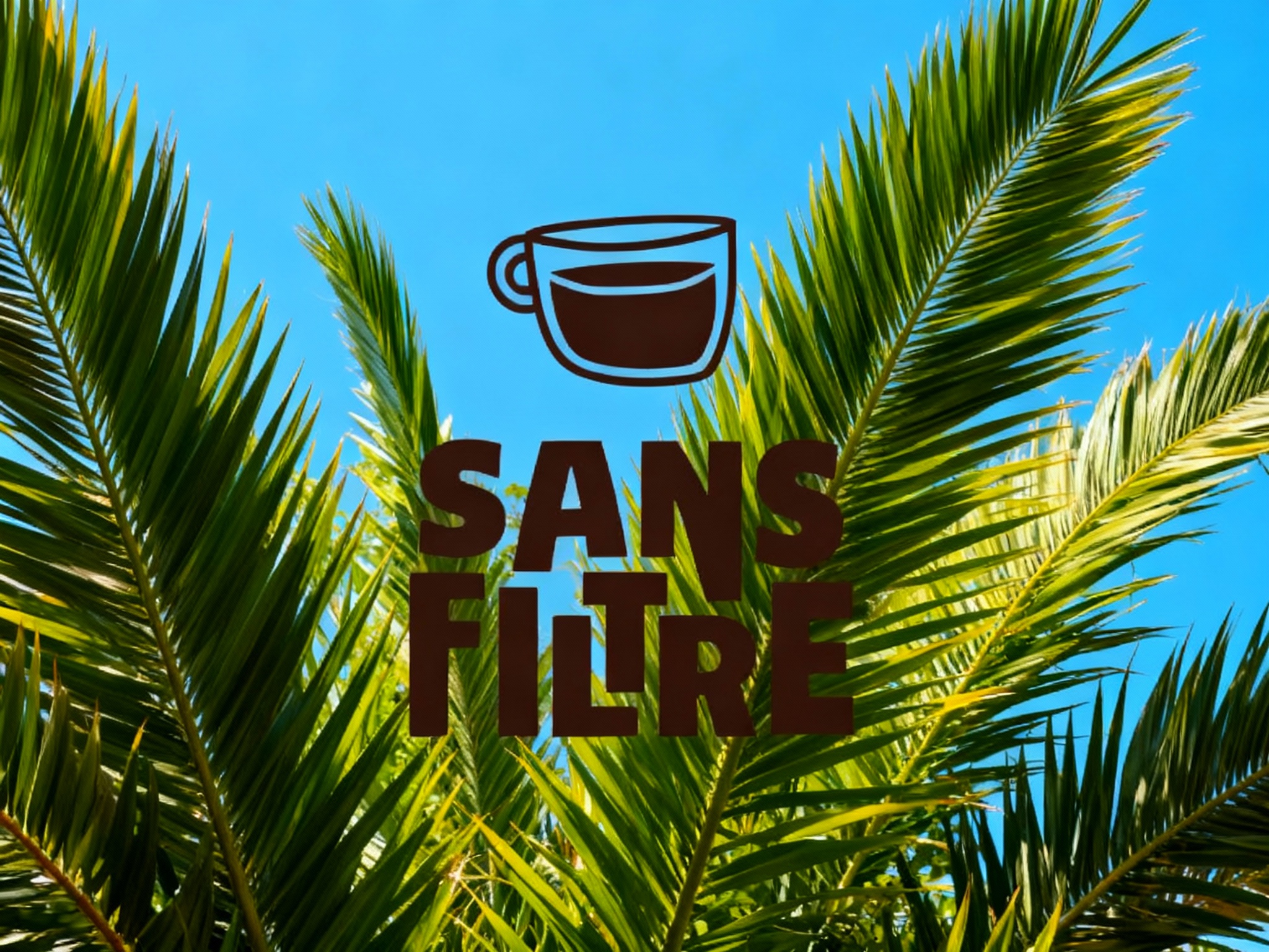 设计品牌宣传海报，画面清新自然。背景为明亮的蓝天或咖啡店白色的外墙，前景是高大的热带植物叶片，掩映着（智能提取参考图中的LOGO主体并去除原背景，以水印或悬浮文字形式呈现）。构图留白面积大，排版采用高级的英文无衬线字体，风格类似Kinfolk杂志，传递“城市绿洲”的生活方式。