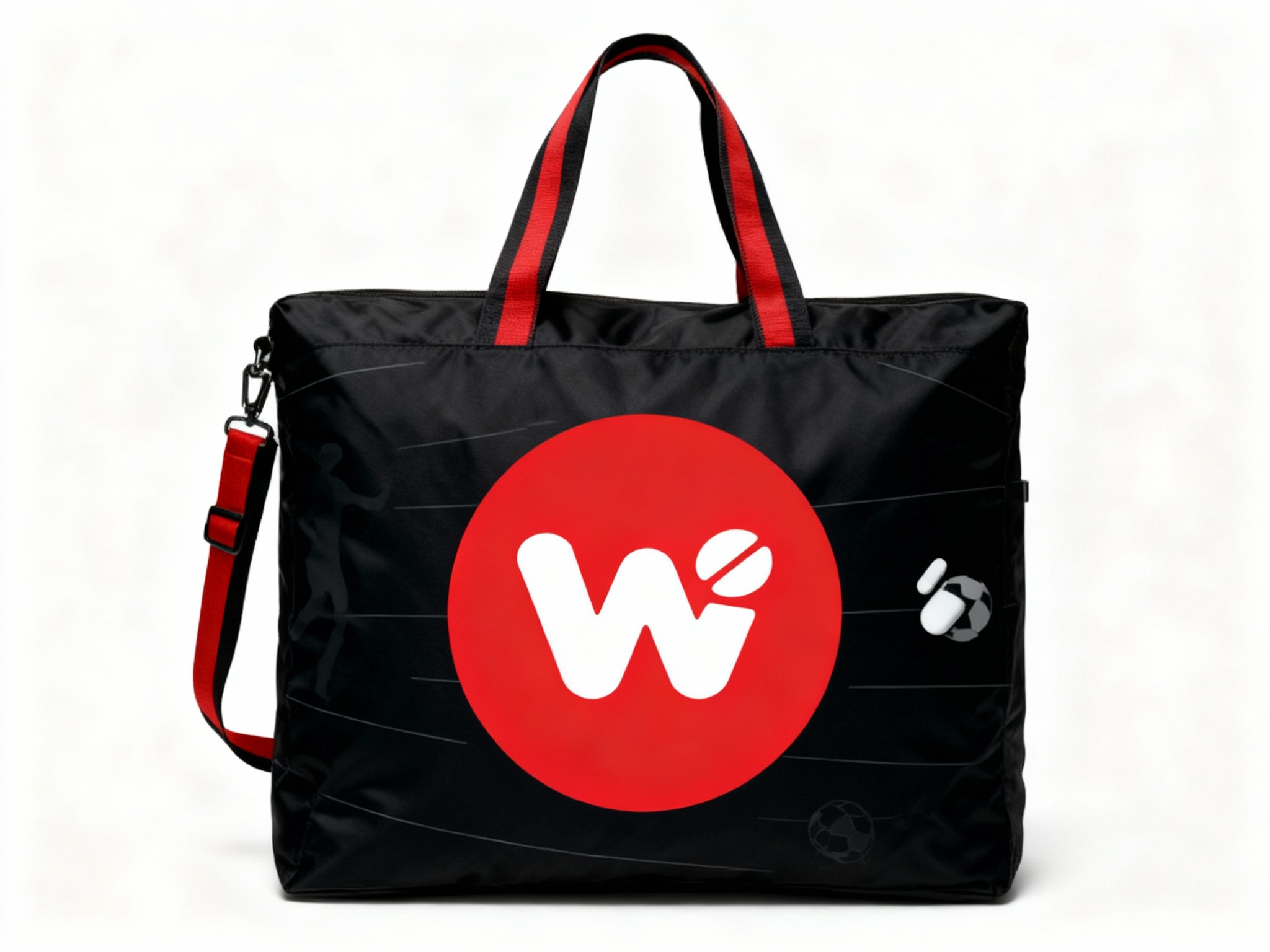 一个人背着黑色手提袋，品牌色肩带点缀（将参考图中的LOGO保持一致性不要变形）在手提袋上清晰可见，营造时尚、有品牌标识性的氛围，可展示潮流品牌的手提袋设计及实际使用效果，同时加入足球元素的剪影或线条作为点缀。