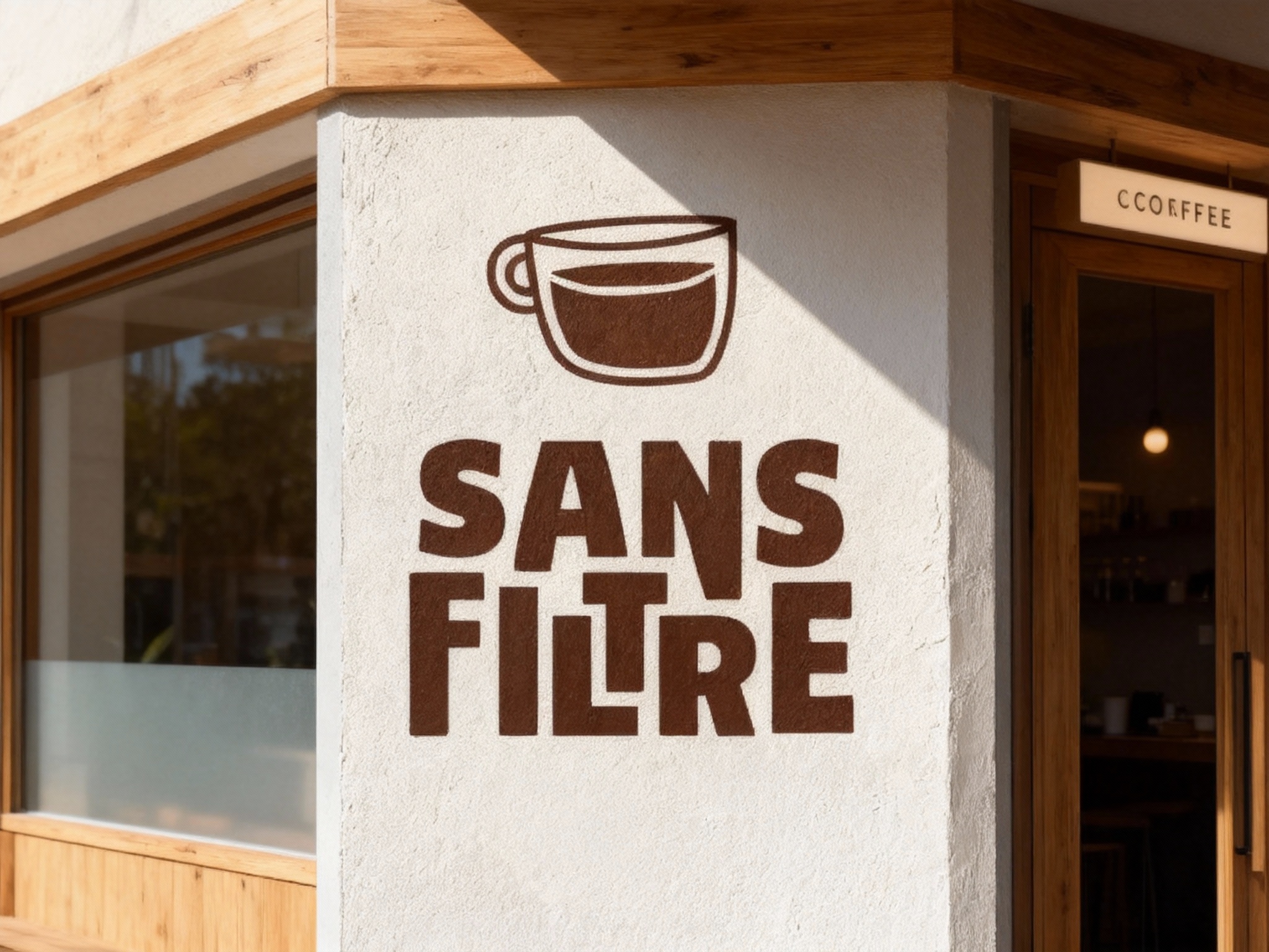 设计高级INS风格咖啡店门面效果图。墙面采用米白色艺术涂料，招牌使用原木质感材料，橱窗搭配磨砂玻璃。整体色调以米白、浅灰、原木色为主，点缀少量莫兰迪色系装饰。光线采用柔和的自然光，从侧面45°角照射，营造温暖通透的氛围。门顶部小招牌使用简约无衬线字体，英文