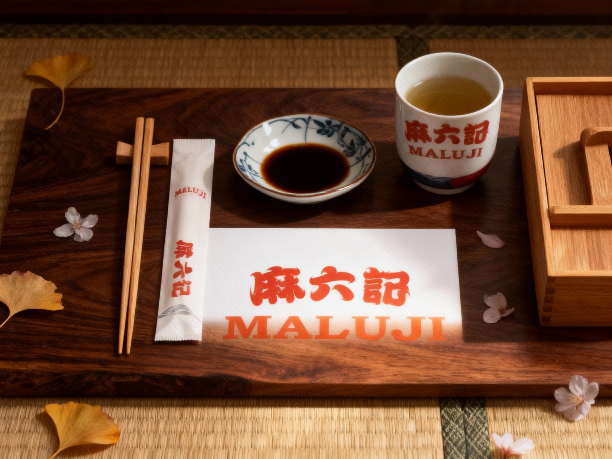 设计日式餐饮产品平铺拍摄图（Knolling风格）。包含：木质筷子及筷套、精致的陶瓷酱油碟、日式茶杯、外带木盒等。背景为深色胡桃木桌面或榻榻米纹理，物品周围点缀几片银杏叶或樱花瓣。（智能提取参考图中的LOGO主体并去除原背景）清晰印制在筷套和餐具上，色彩统一雅致。柔和的散射光，呈现高级、整洁的摆拍感。