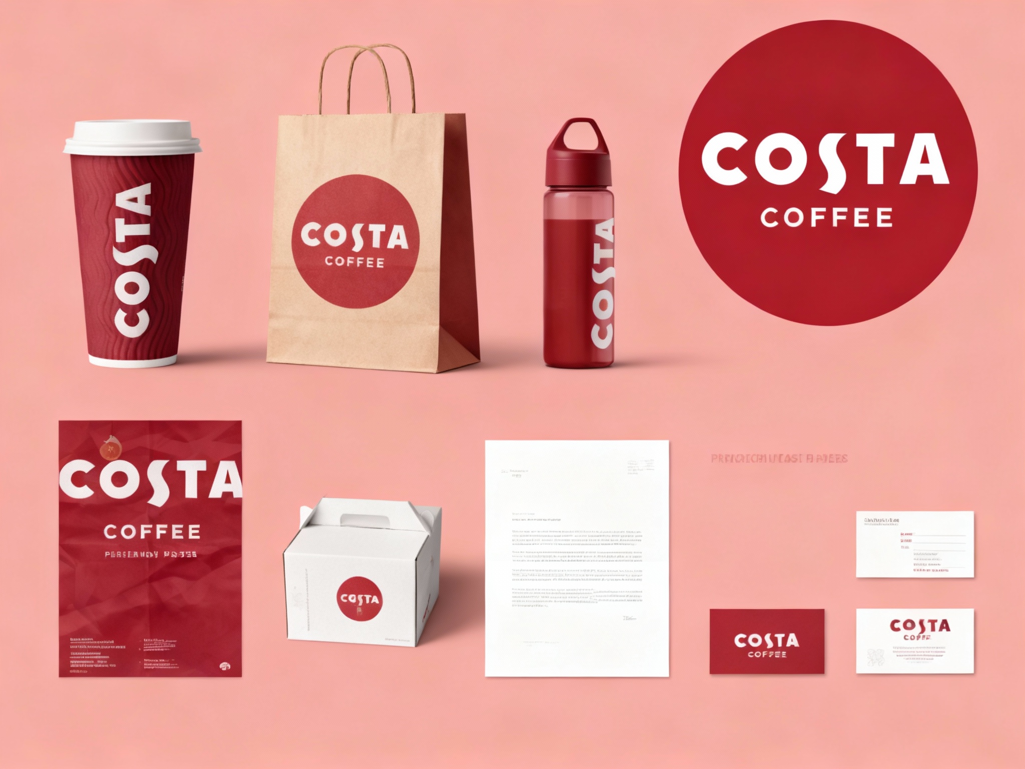 生成咖啡产品展示图，品牌VI展示，它包括纸质杯、外带袋、水杯、纸盒、印刷海报、名片、小册子、信纸设计、纯色、简单的背景、平面布局和极简美学、高分辨率摄影、高质量细节、高细节，顶级商业表现形式延续品牌色调，（将参考图中的LOGO 保持一致不要出现变形）在相应载体上合理呈现，突出饮品质感与品牌形象。