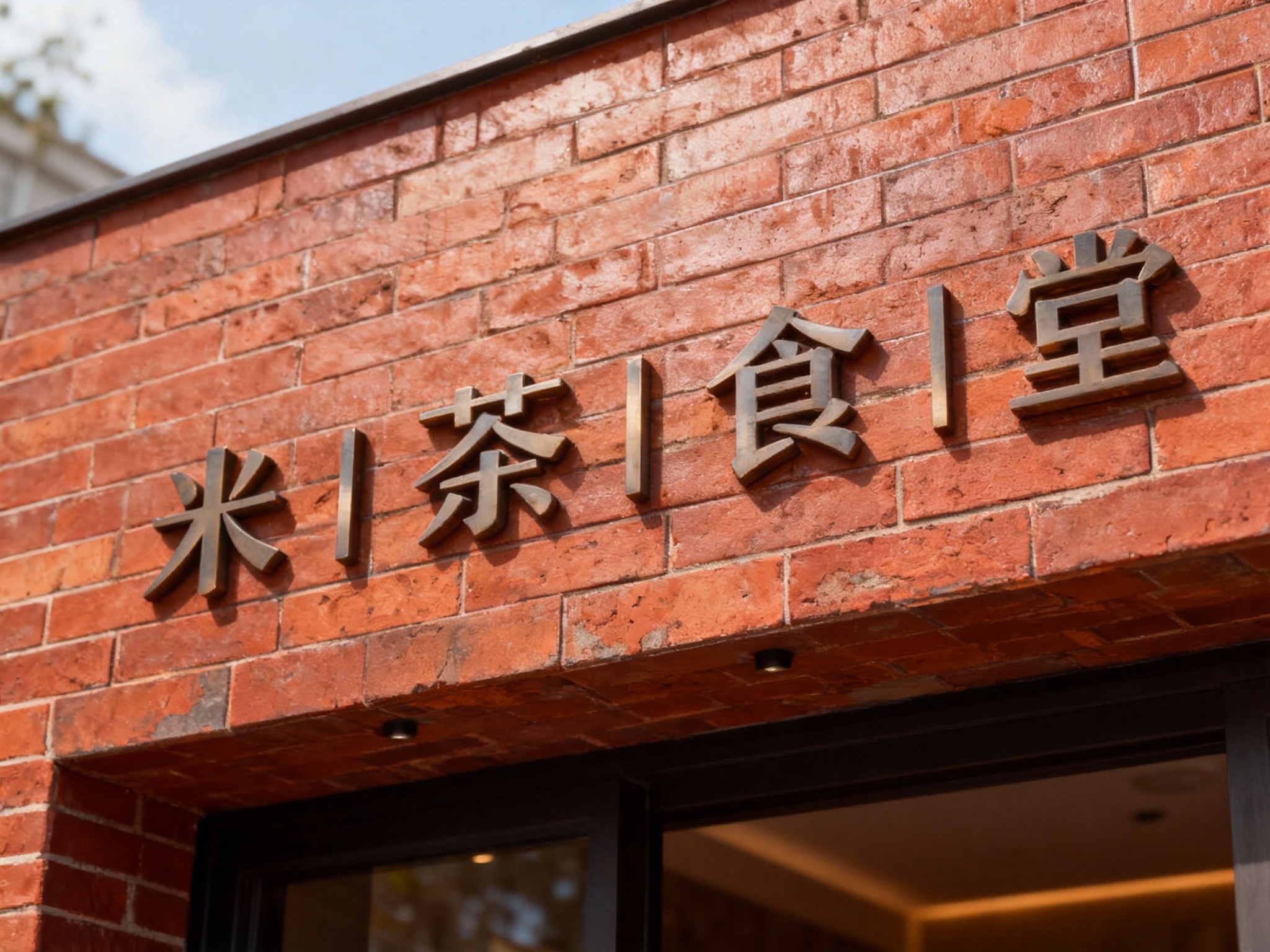 现代红砖纹门头特写，墙面采用仿红砖纹理的哑光瓷砖无缝铺贴，底板无做旧粗糙痕迹，LOGO以哑光金属立体字嵌入式安装，无外露固定件，白天自然光下金属色与砖纹质感协调，适配文创/咖啡门店