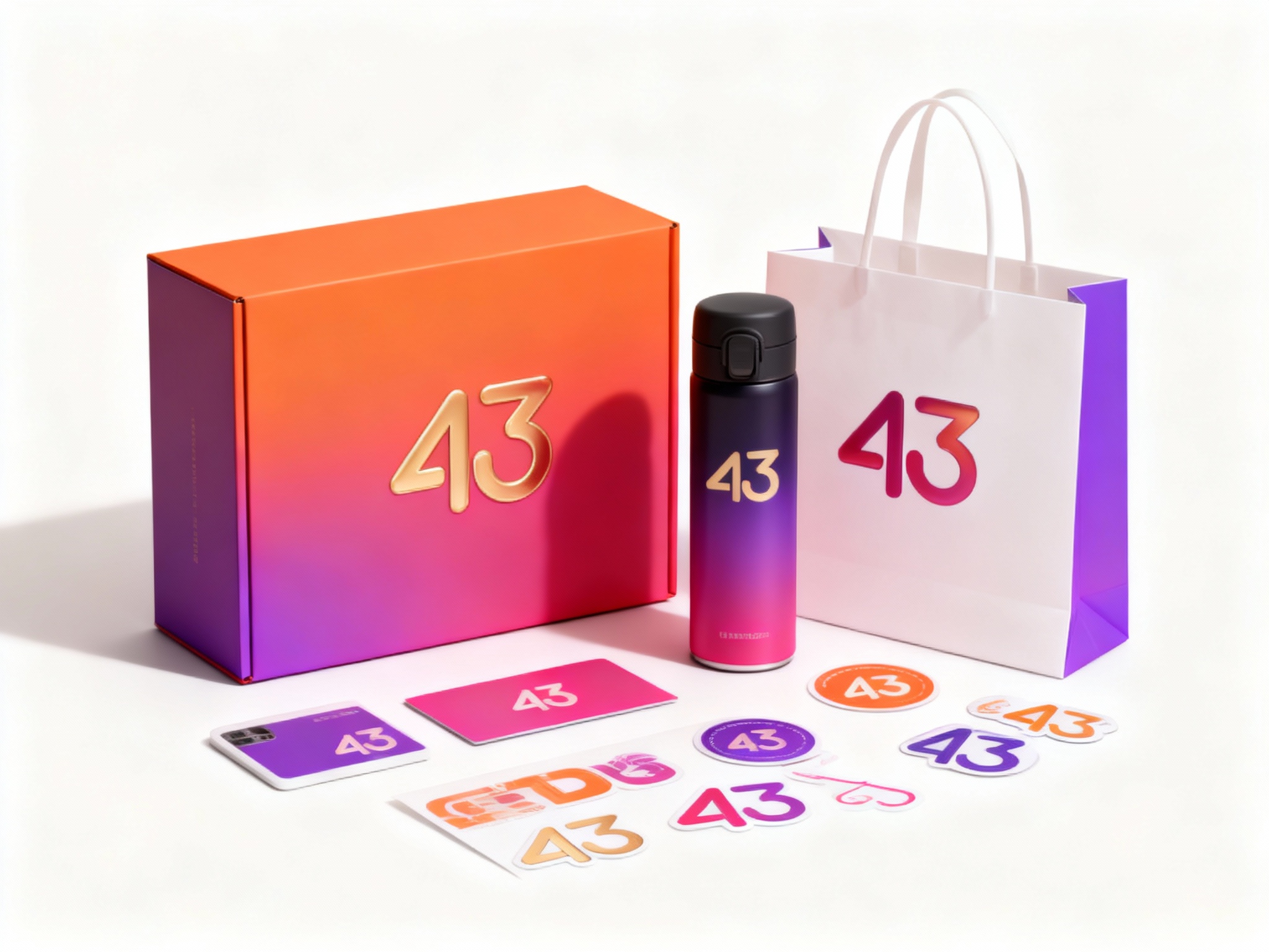 生成公司形象周边展示图，如礼盒、保温杯、手提袋、贴纸等，（将参考图中的LOGO）在各周边产品上合理呈现，延续品牌配色，造型简约高级，适合礼赠与品牌延展，LOGO以UV打印或烫金工艺呈现于产品表面。