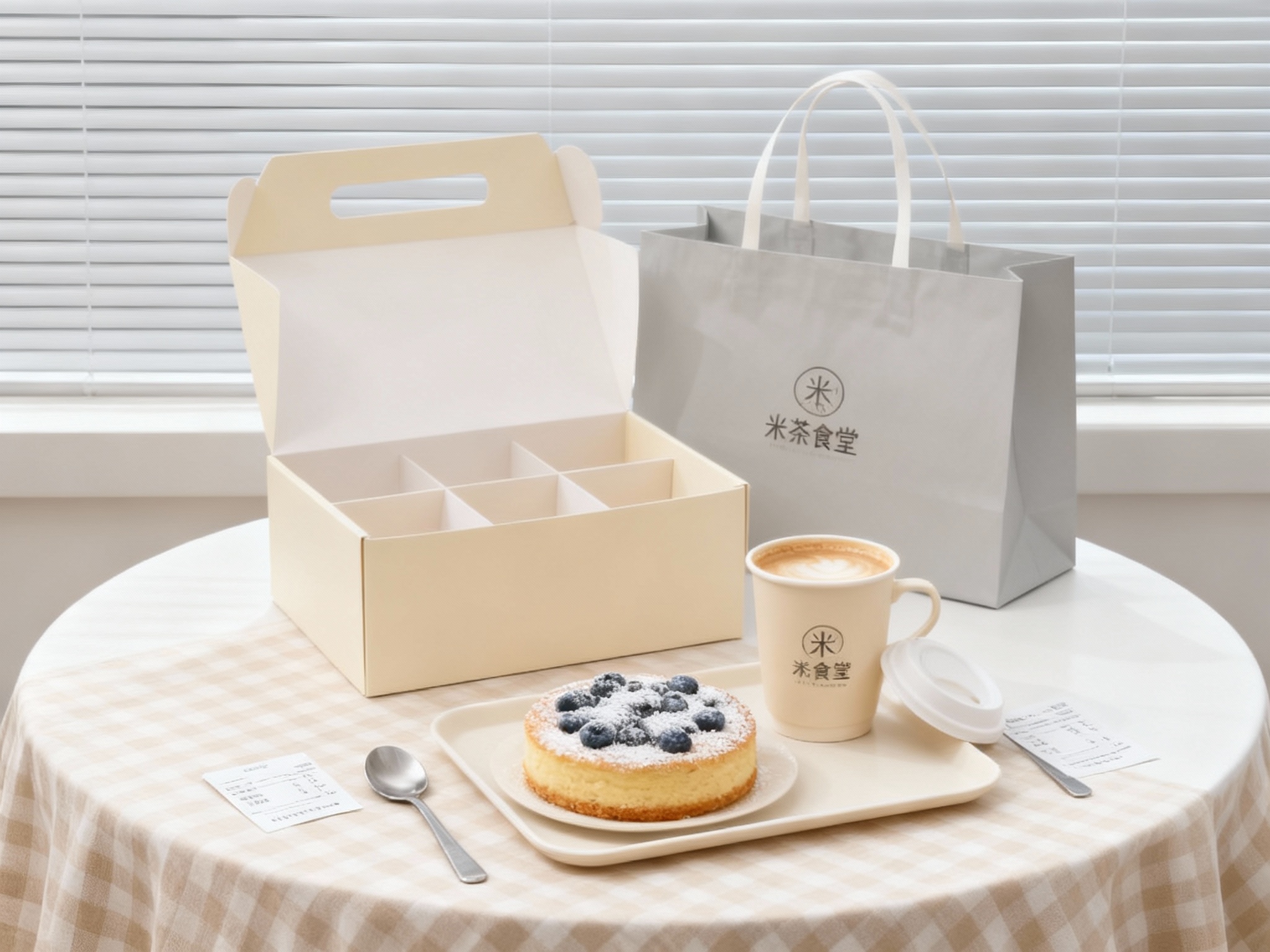 商业美食摄影，极简现代风格，柔和光线，白色圆形桌面铺米色格子桌布，背景浅灰色百叶窗，米色手提盒全开露内部隔层，旁放浅灰色手提袋，前方托盘上，米色咖啡杯侧放，杯盖轻搭旁边，圆形蓝莓蛋糕上撒糖粉，金属勺子与收据票分置两侧。手提盒和咖啡杯上清晰显示品牌logo，构图简洁有序