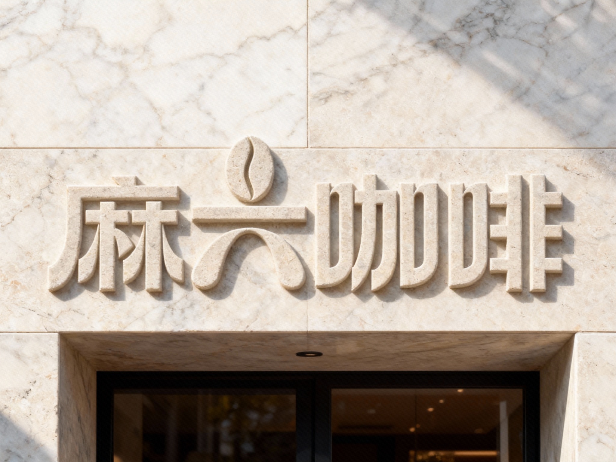 极简石材门头特写，天然大理石板材无缝拼接墙面，底板打磨光滑无接缝痕迹，LOGO以浅浮雕雕刻工艺呈现，表面做哑光防护涂层，白天侧光照射，石材质感温润，LOGO轮廓立体，适配高端餐饮/零售门店