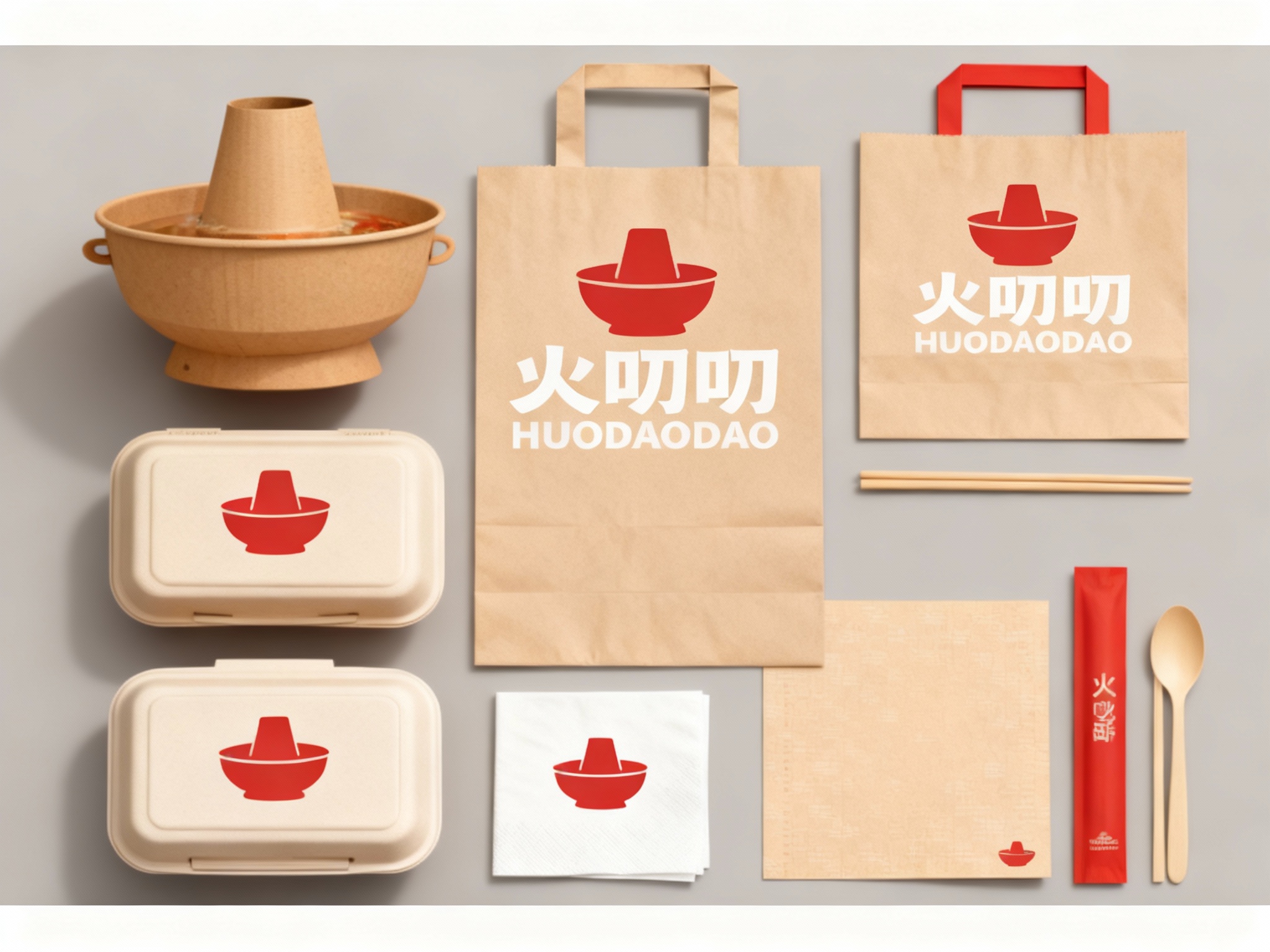 设计火锅产品平铺拍摄图，包含纸质锅、手提袋、打包盒、餐具包装、餐巾纸、桌垫等，（将参考图中的LOGO）在各产品上清晰展示，色彩统一，光影柔和，呈现高级整洁感。