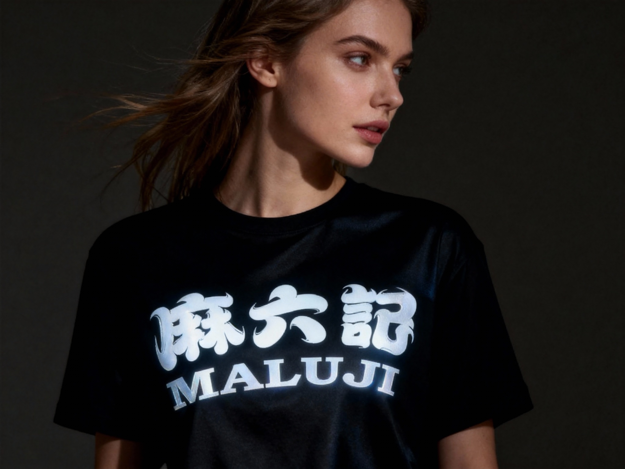 提取参考图的LOGO单独呈现，改为白色，25岁欧洲女性模特，身着黑色丝光棉T恤，白色LOGO以UV凸印工艺呈现，触感细腻有轻微立体感，侧光拍摄，光线照亮LOGO部分，与T恤暗部形成对比，模特转身回眸，发丝飘动，背景为低饱和暗色调，突出动态与LOGO焦点