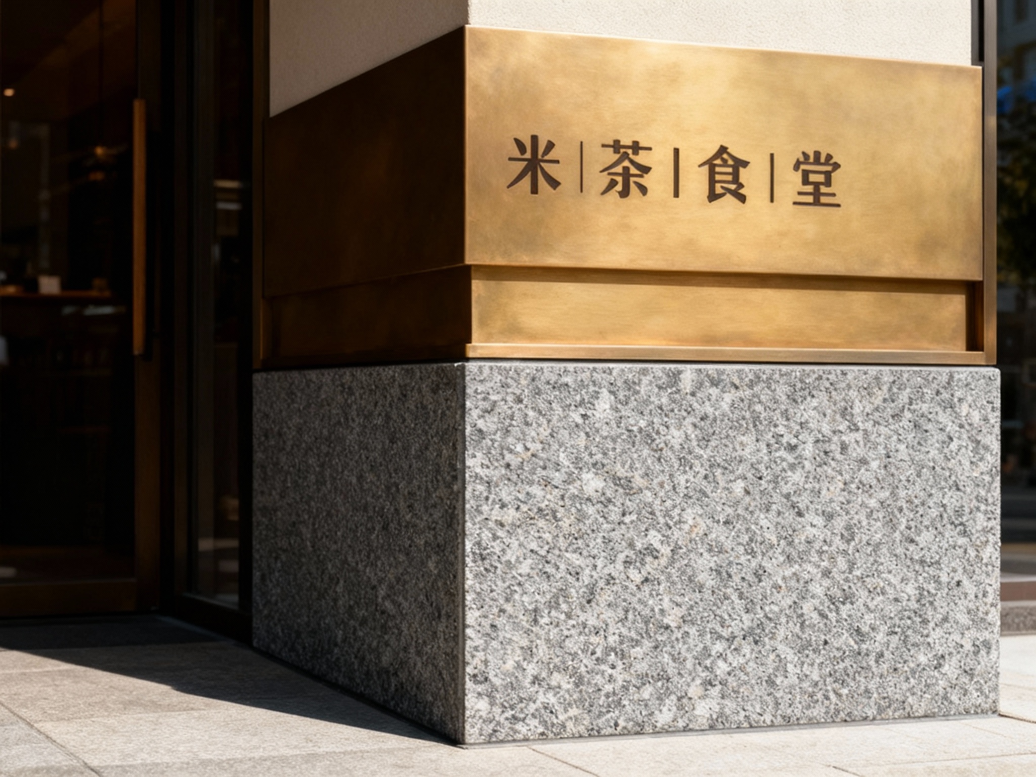 石材与金属结合门头特写，底部为灰色花岗岩无缝拼接基座，上部为哑光黄铜材质整板切割装饰面，底板无接缝痕迹，LOGO以蚀刻填漆工艺呈现于黄铜板中央，白天光线照射，石材稳重与金属光泽互补，高端感十足