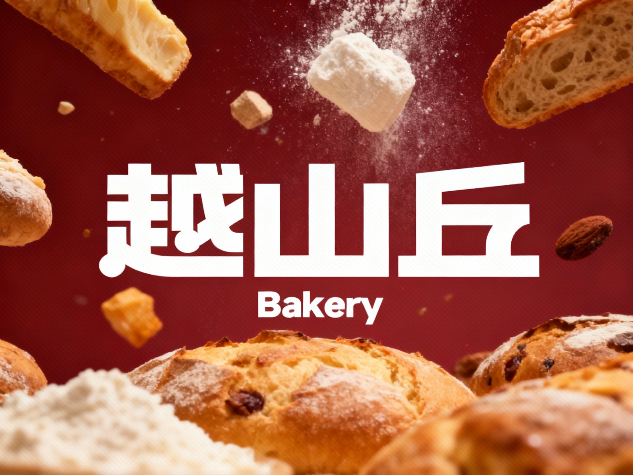 西方美学写实封面大片，非常精致的烘焙食品原料漂在空中品牌色背景。整个画面呈现仰拍的摄影视角，将原料形状与（将参考图中的LOGO）形状完美融合呈现，仿佛在讲述一个关于精致与品质的故事。