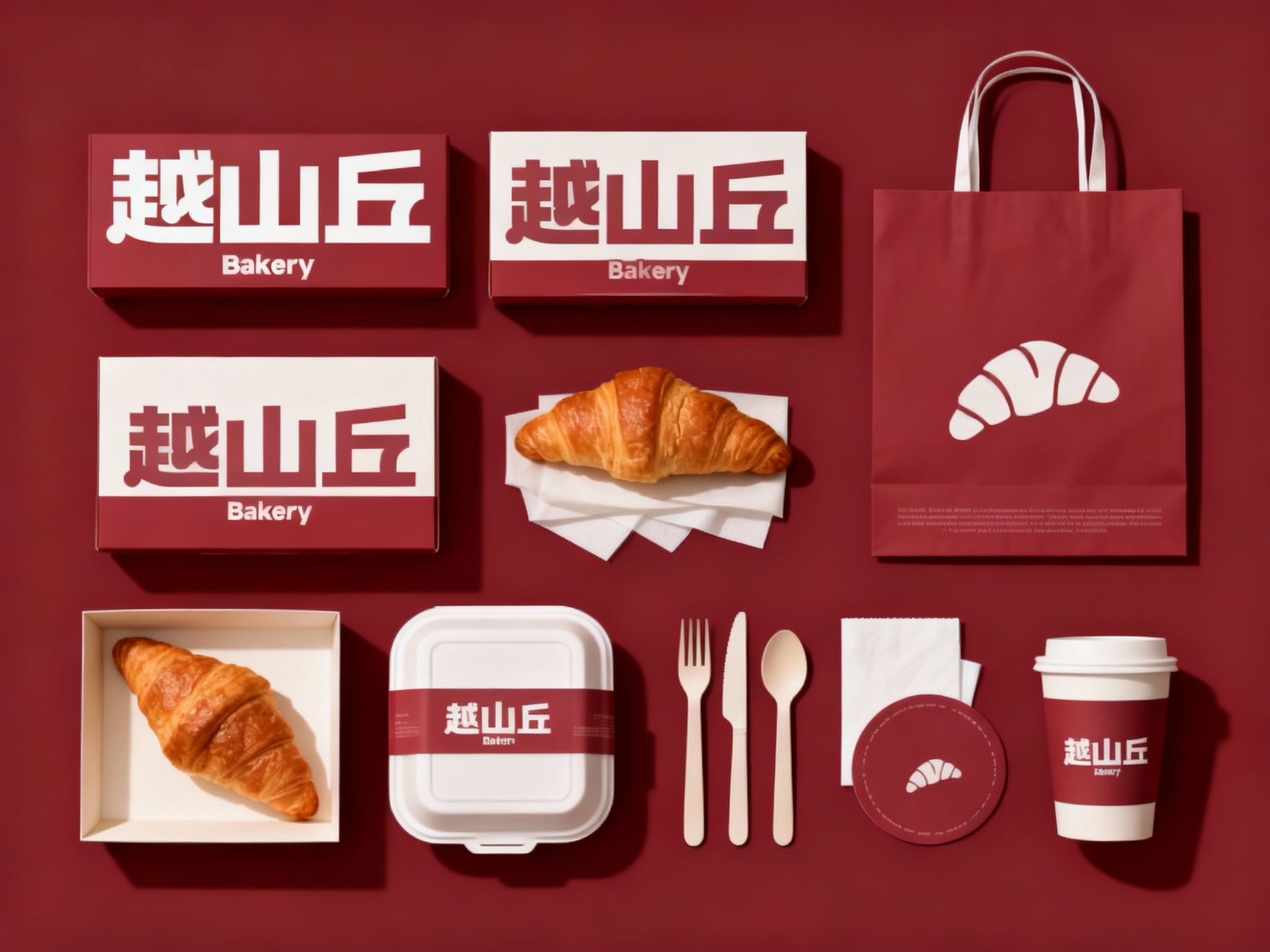 设计烘焙产品平铺拍摄图，包含牛角面包盒、手提袋、打包盒、餐具包装、餐巾纸、杯垫等，（将参考图中的LOGO 保持一致不要出现变形）延续#品牌主色在各产品上清晰展示，色彩统一，光影柔和，呈现高级整洁感。