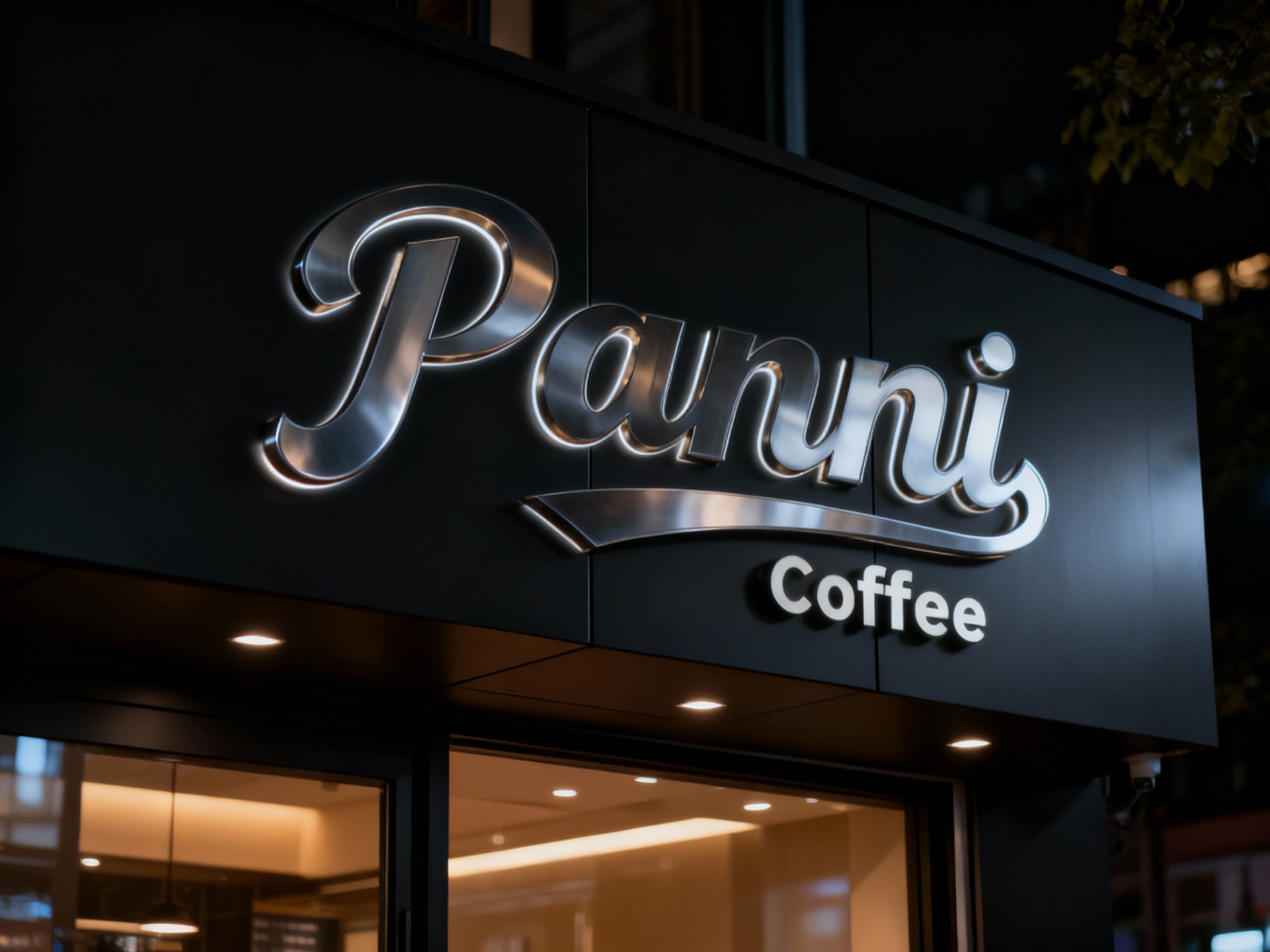 金属发光字门头特写，LOGO采用全金属包边LED发光字，安装于哑光黑铝扣板无缝拼接门头上，底板平整无拼接缝隙，黑夜场景，LED灯光柔和均匀，LOGO发光清晰不刺眼，门头整体简洁大气，辨识度高