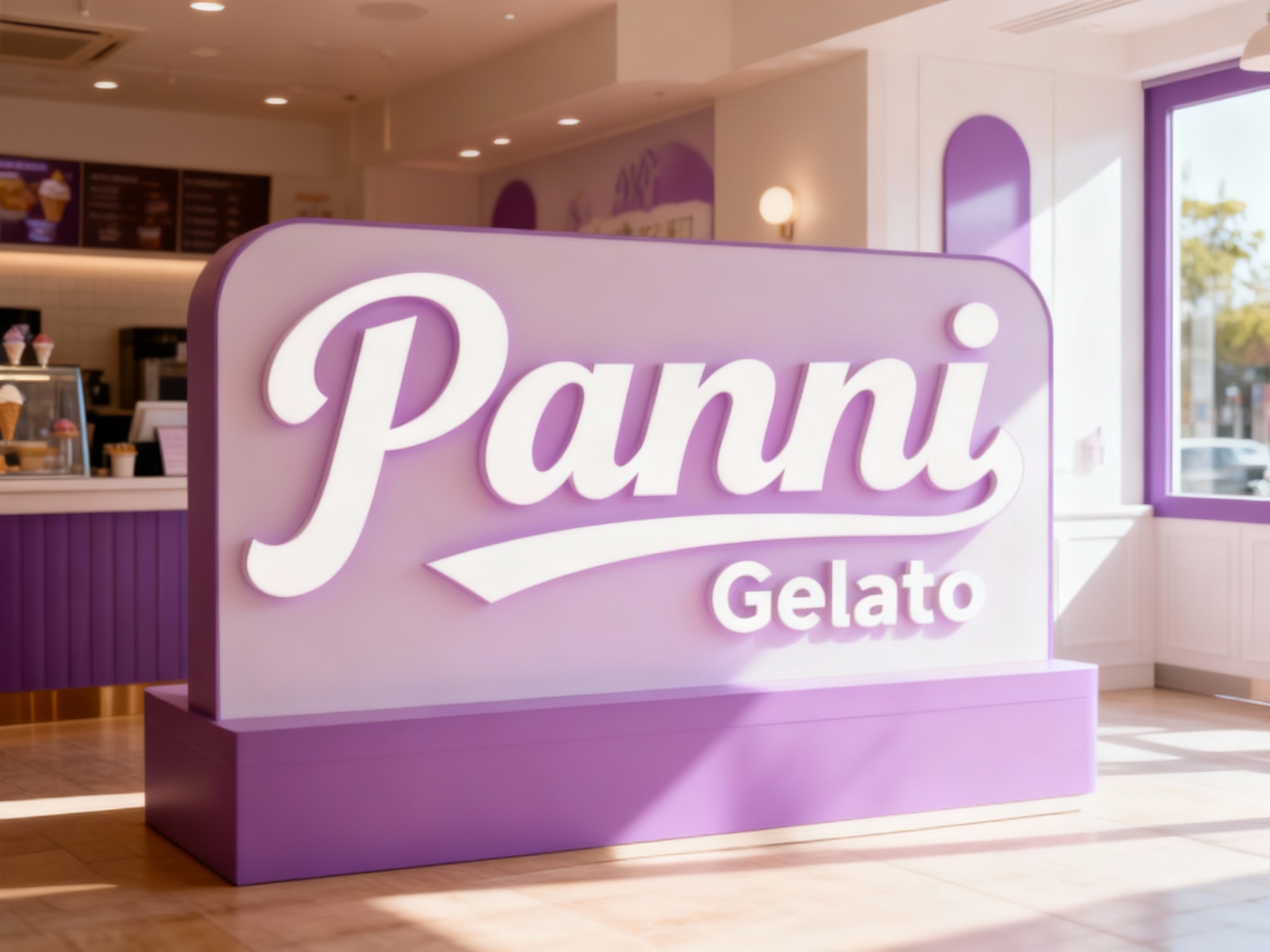 生成品牌体验区或冰淇淋店铺场景，展示品牌互动装置或店内拍照打卡点，（将参考图中的LOGO及品牌色配色）融入场景装修或物件，环境温馨有质感，光线自然通透，LOGO位于互动装置或打卡点的显眼位置，背景为店内环境，带有紫色和白色的装饰元素。