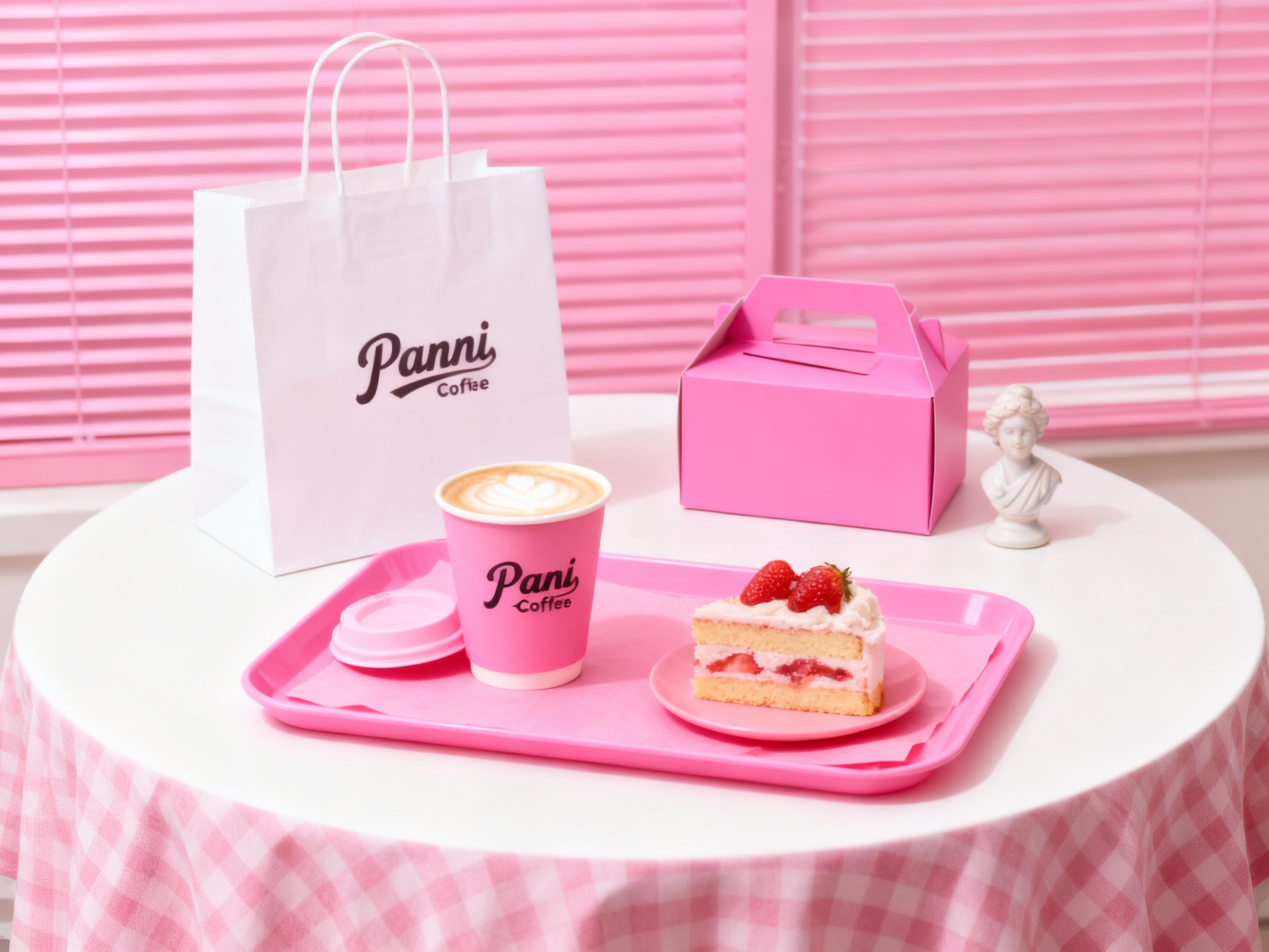 商业美食摄影，极简现代风格，明亮光线，白色圆形桌面铺粉色格子桌布，背景粉色百叶窗，粉色大托盘占据画面中心，内垫粉色垫纸，上面放开盖的粉色咖啡杯（奶泡绵密）、草莓奶油蛋糕，旁边立着白色手提袋，粉色手提盒闭合置于袋旁，旁边放置一尊小巧的陶瓷雕像。咖啡杯和手提盒上有品牌logo，视觉焦点突出