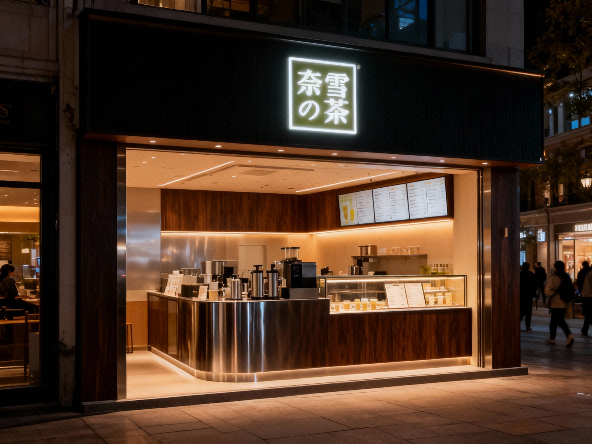 设计夜景门头及灯箱效果图，（将参考图中的LOGO）光亮温暖，咖啡店的内部场景，上方有发光的（将参考图中的LOGO）标识，下方是茶艺制作区域和展示柜，柜台上有菜单，整体装修风格运用黑胡桃木搭配银色不锈钢材质现代，灯光温暖 ，街区环境和路人自然呈现。