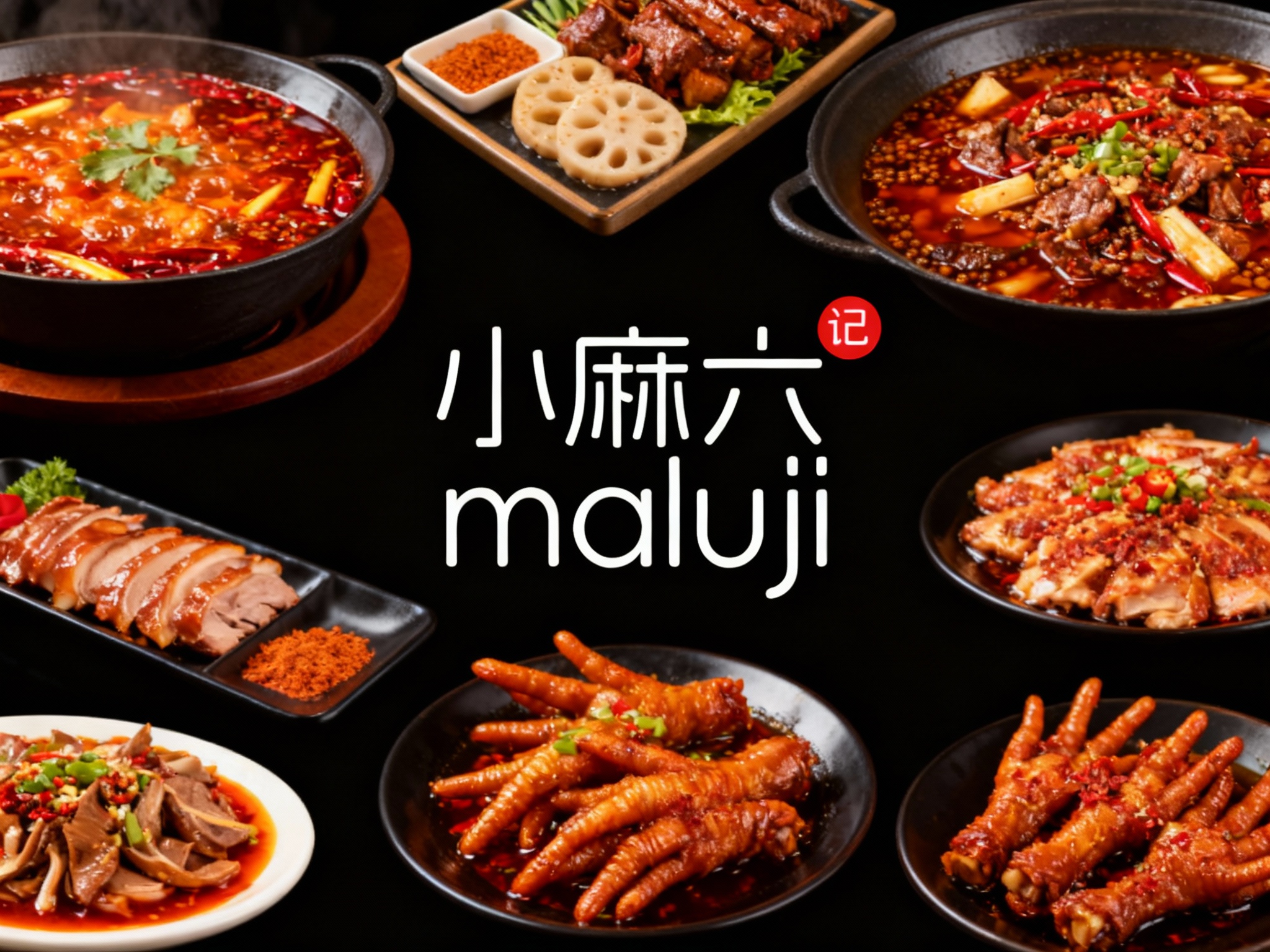 生成小麻六菜品展示图，包含麻辣火锅、卤味拼盘、辣卤鸡爪等主打菜品，采用摄影棚光效，摆盘精致，光影层次丰富，突出食材鲜香与高级餐感。