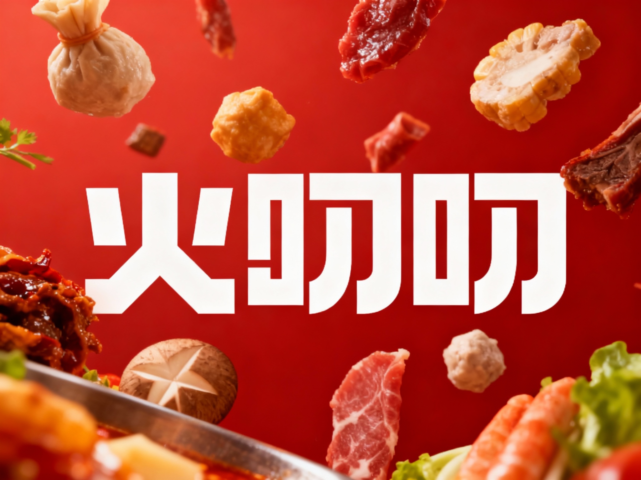 西方美学写实封面大片，非常精致的火锅食材漂在空中品牌色背景。整个画面呈现仰拍的摄影视角，将食材形状与（将参考图中的LOGO）形状完美融合呈现，仿佛在讲述一个关于精致与品质的故事。