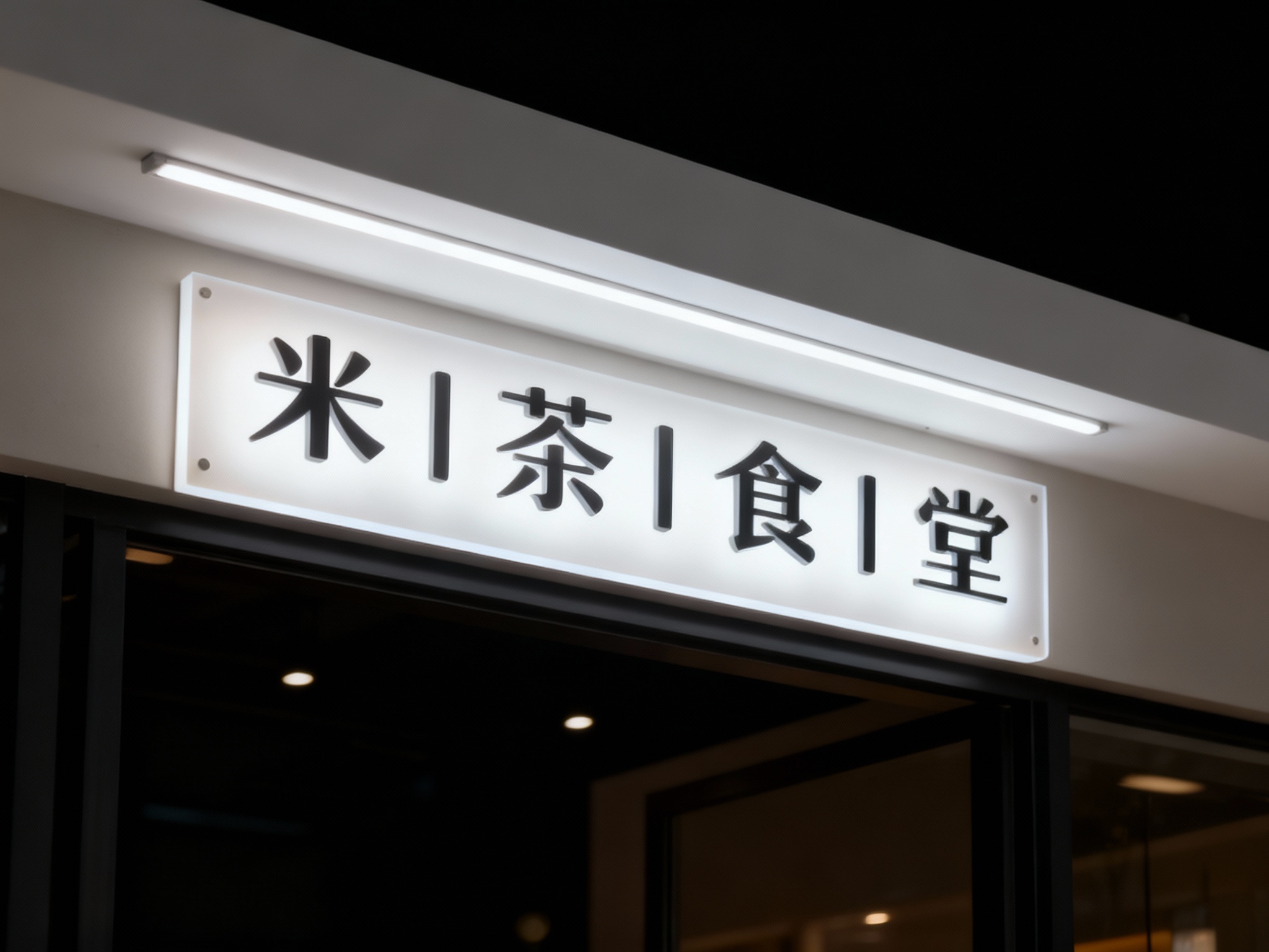 亚克力背光门头特写，LOGO采用双层亚克力板（外层哑光+内层透光），内置隐藏式LED灯带，安装于极简白色铝型材无缝门头上，底板无外露线路或连接件，黑夜场景，LOGO柔和发光，边缘平整无毛刺，质感高级
