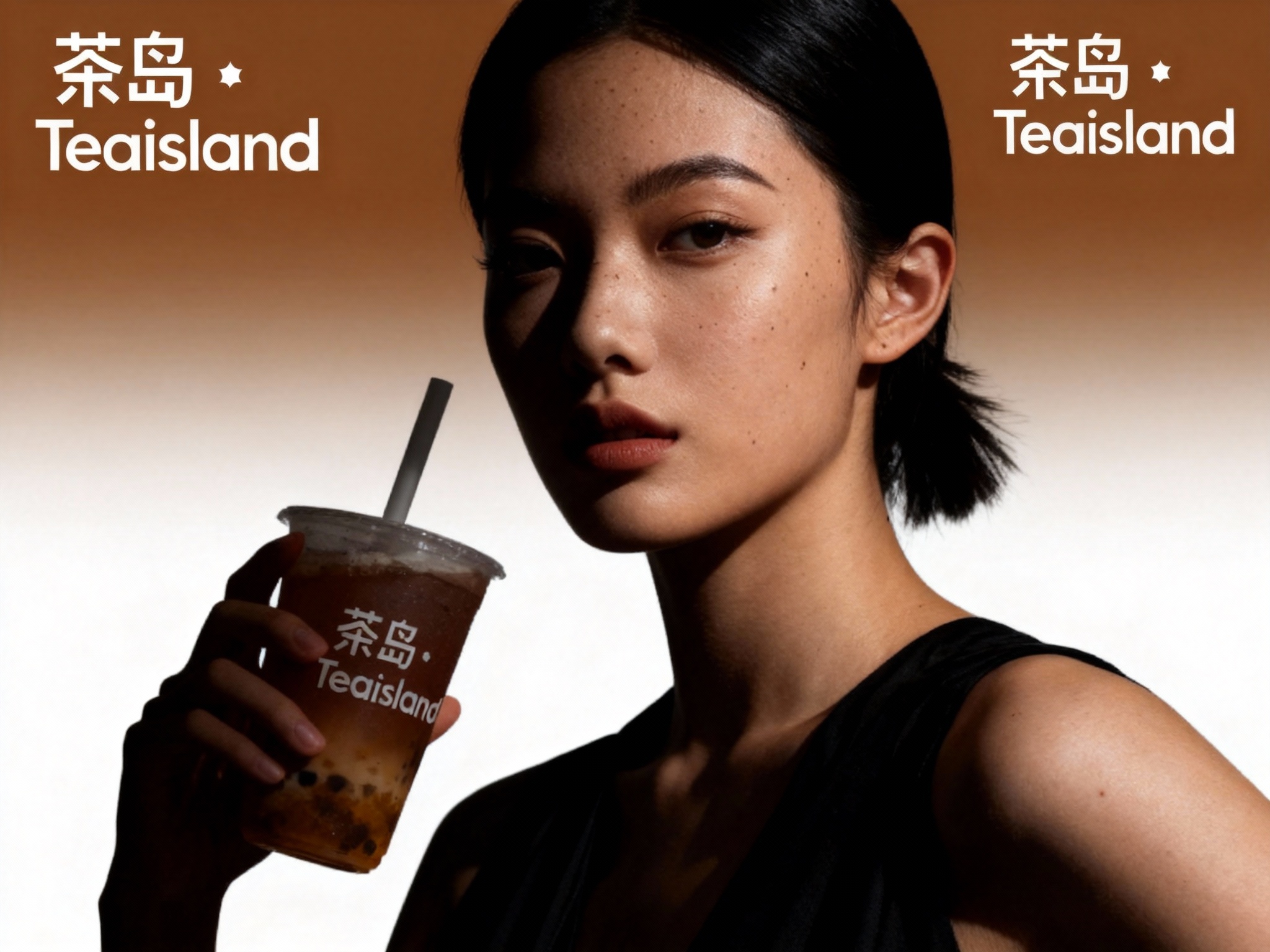 设计品牌海报，时尚剪影摄影风格,时尚大片,一个女生模特,穿着时尚黑色服装手拿带有（将参考图中的LOGO）的特色奶茶，（将参考图中的LOGO）位于左上角或右上角（根据实际情况设置），清晰的毛孔,肌肤真实细节,产品剪影,品牌色向白色渐变背景,特写镜头,平视视角,高清分辨率,高细节