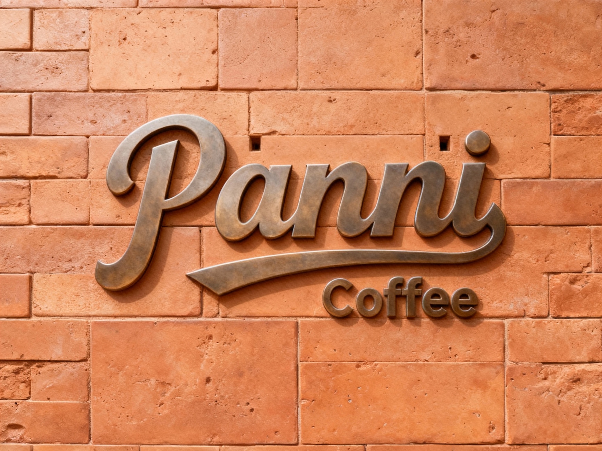 陶土砖纹门头特写，墙面采用仿陶土砖纹理的哑光陶瓷板无缝铺贴，底板无粗糙颗粒，LOGO采用哑光金属立体字嵌入式安装，无外露固定件，白天自然光下，金属色与砖纹质感协调，现代复古风适配高端门店