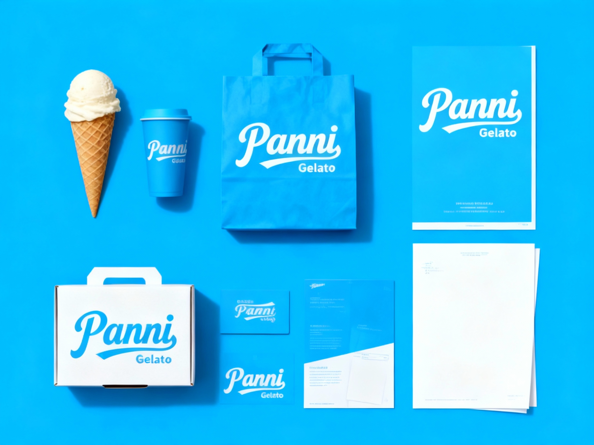 生成冰淇淋产品展示图用主色 {主色} ，品牌VI展示，它包括冰淇淋纸筒、外带袋、水杯、纸盒、印刷海报、名片、小册子、信纸设计、纯色、简单的背景、平面布局和极简美学、高分辨率摄影、高质量细节、高细节，顶级商业表现形式延续品牌色调，（将参考图中的LOGO 保持一致不要出现变形）在相应载体上合理呈现，突出饮品质感与品牌形象。