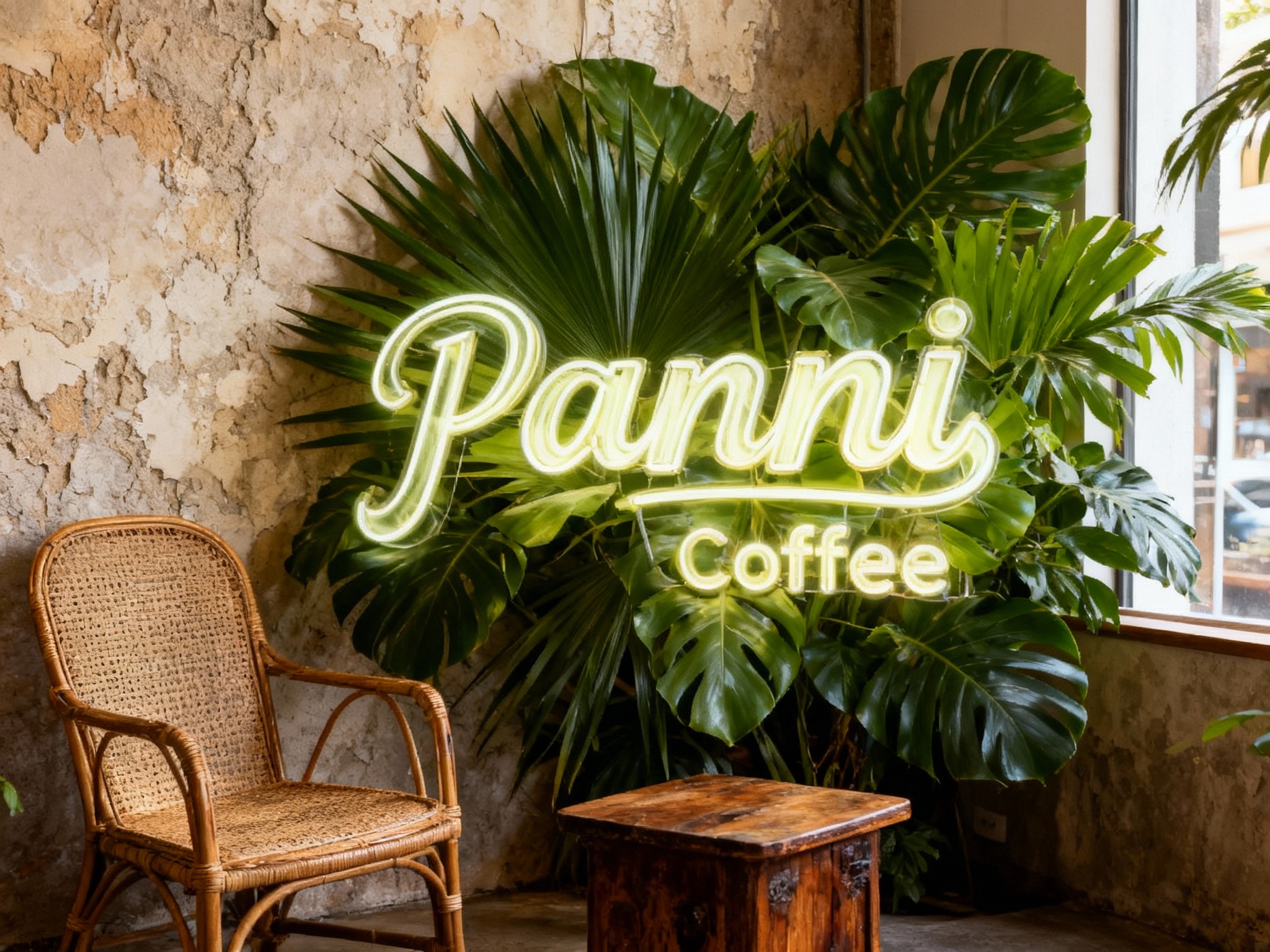 品牌体验区或小型咖啡桌场景，设计一个INS风网红打卡角。墙面是自然的肌理感，旁边是一株巨大的造型优美的热带植物，搭配一把藤编椅和复古木几。Panni Coffee LOGO以立体字或霓虹灯形式隐藏在植物叶片后若隐若现，环境慵懒舒适，自然光感极佳。