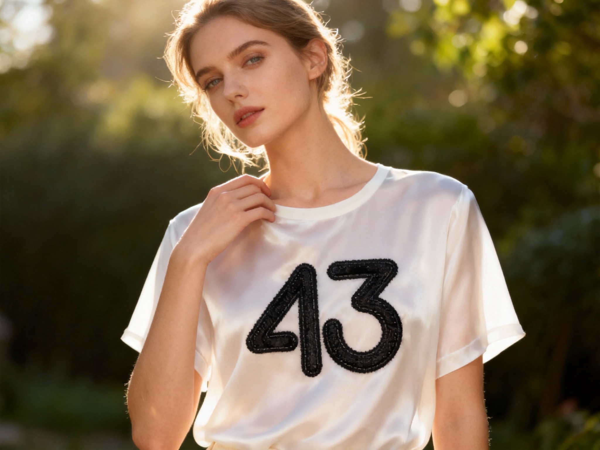 提取参考图的LOGO单独呈现，改为雅黑色，25岁欧洲女性模特，穿纯白真丝T恤，雅黑色LOGO以丝线刺绣工艺呈现，精致立体，逆光拍摄，光线透过真丝面料，呈现柔和光泽，LOGO在逆光下轮廓清晰，模特轻扶领口，姿态优雅，背景为模糊的自然绿植，高级又有生机