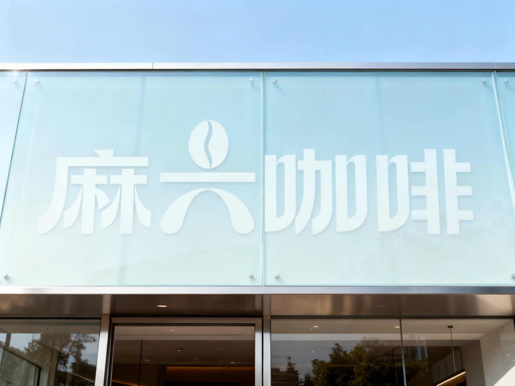 玻璃幕墙门头特写，采用超白钢化玻璃+渐变磨砂涂层，底板通透整洁，LOGO以低温丝印工艺印于玻璃内侧，无胶痕残留，搭配哑光金属无缝边框收口，现代感极强，白天光线通透不刺眼