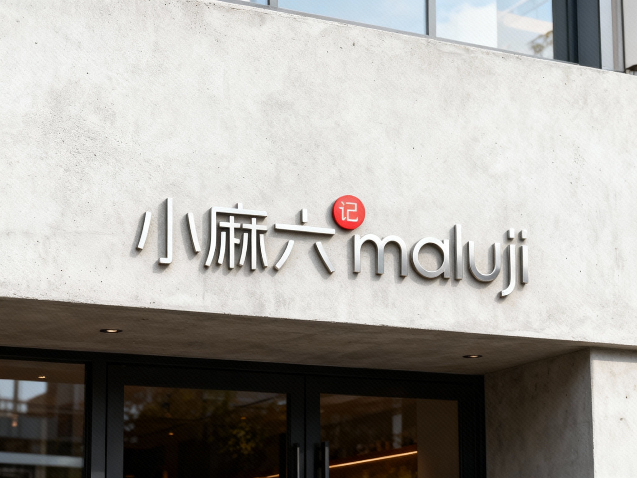 极简水泥漆门头特写，墙面采用艺术水泥漆平涂工艺，底板光滑无颗粒感，LOGO以哑光金属贴片嵌入式固定，无点焊痕迹，表面做防指纹处理，白天自然光下，水泥质感细腻与金属光泽形成对比，适配小众高端品牌门店