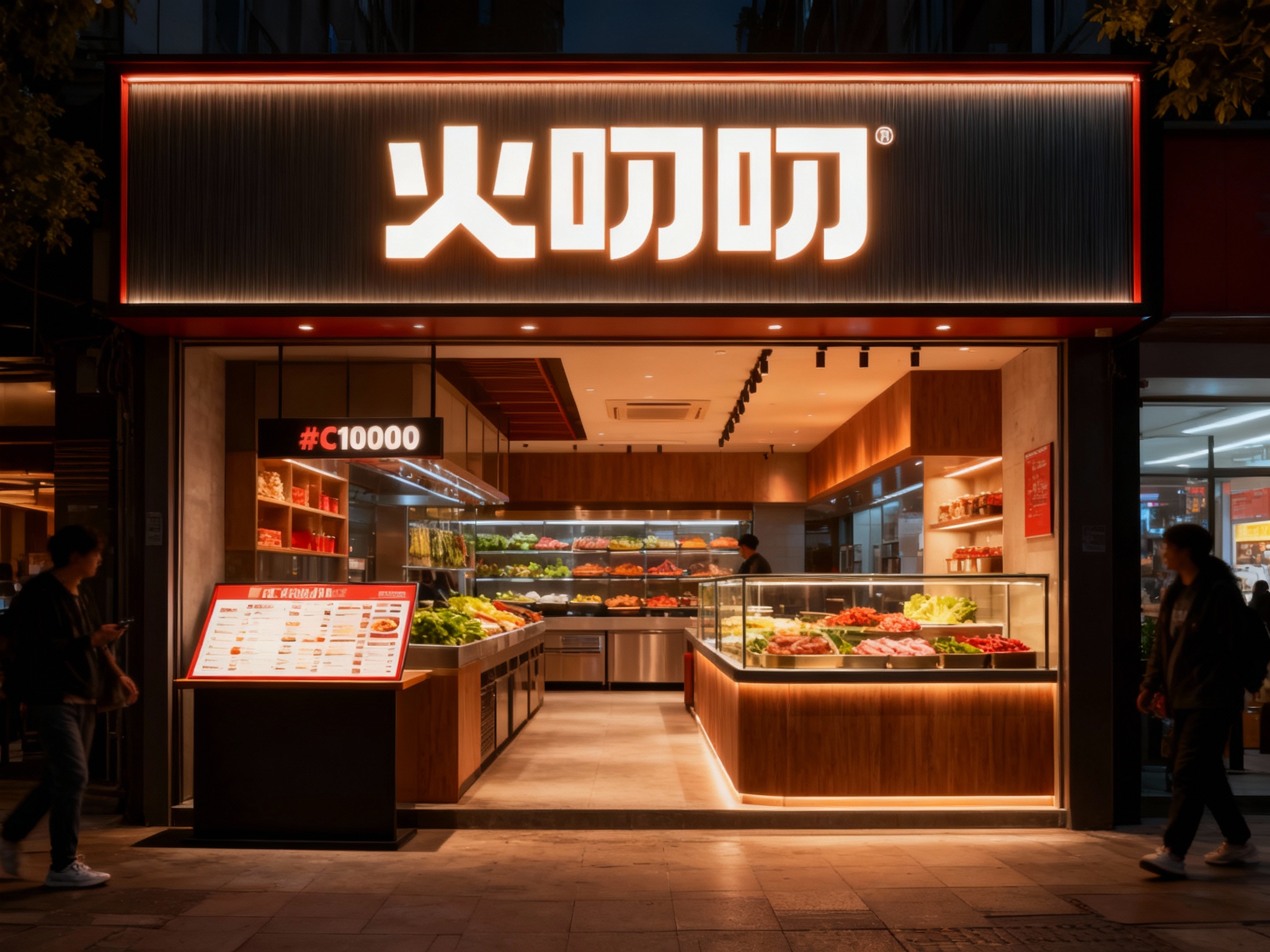 设计夜景门头及灯箱效果图，（将参考图中的LOGO）光亮温暖，火锅店的内部场景#C10000，上方有发光的（将参考图中的LOGO）标识，下方是火锅食材陈列区域和展示柜，柜台上有#C10000菜单，整体装修风格#C10000现代，灯光温暖 ，街区环境和路人自然呈现。