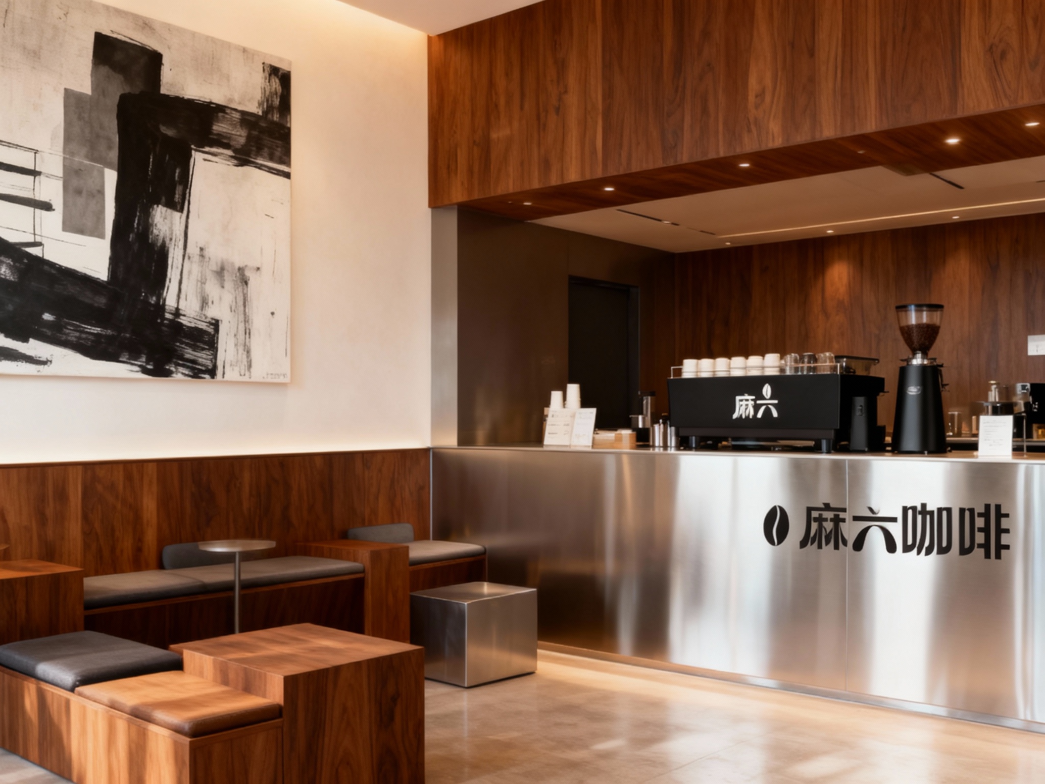 设计店内空间效果图，展示吧台、座位区、墙面装饰高级抽象插画或黑白摄影，运用黑胡桃木搭配银色不锈钢材质（将参考图中的LOGO）融入场景装修或物件中，光线温暖自然，突出空间舒适感与现代质感。