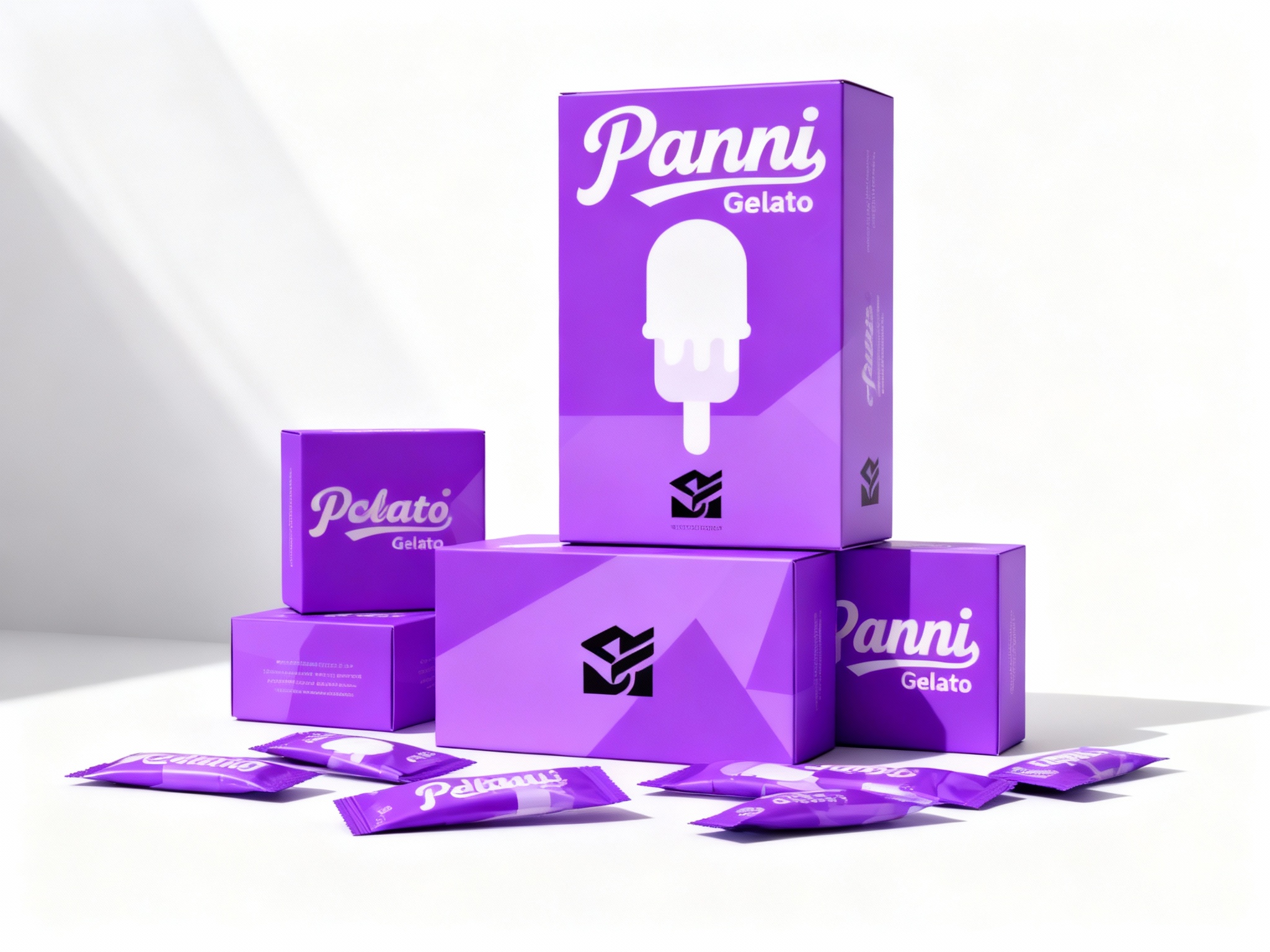 现代简约风格冰淇淋产品包装展示，（将参考图中的LOGO保持一致不要出现变形）白色背景搭配提供的品牌色（保持提示词的主色）几何色块。画面主体为多个品牌色包装盒，包括大盒（印有白色品牌名称和冰淇淋剪影）、小盒，均印有 “Gelato” 字样和黑色品牌标识。包装盒下方散落着同色系的小包装袋。整体构图采用高低错落的排列方式，光线从左上角斜射，形成清晰的阴影，突出包装盒的立体感和色彩对比，展现产品系列的多样性与品牌视觉统一性，LOGO位于包装盒正面中央。